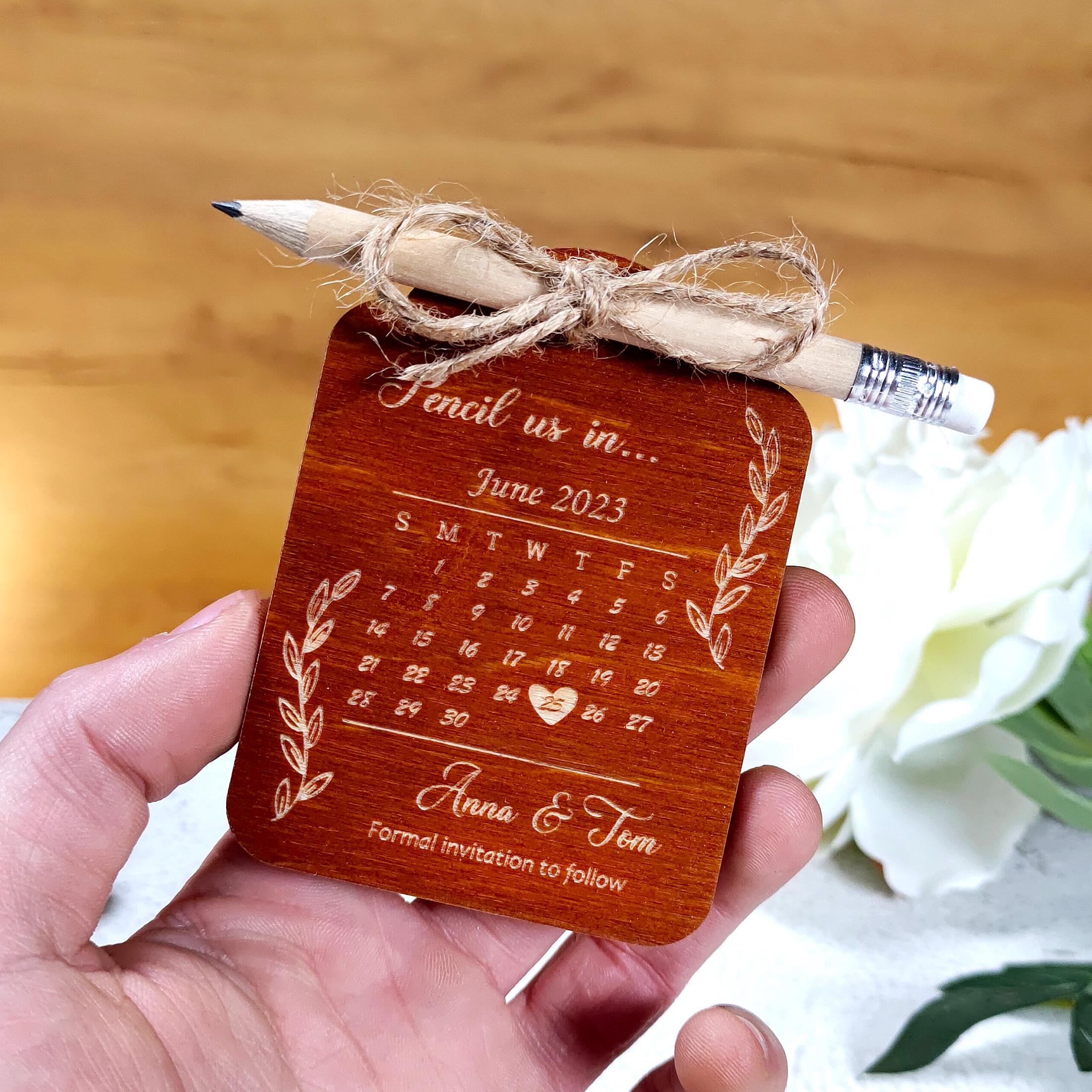 Pencil Us In Save The Date: Wood Wedding Invitation with Mini Pencil