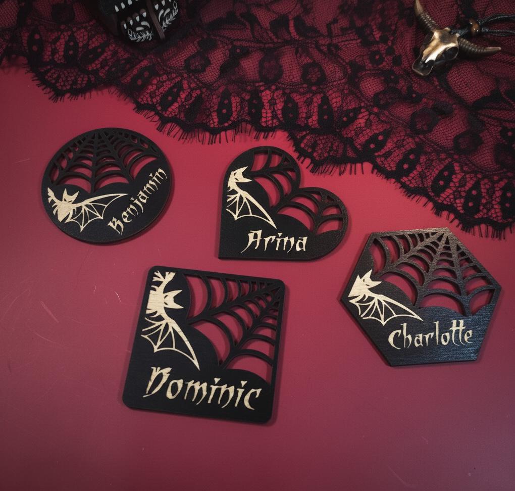 Gothic Wedding Place Cards: Laser Cut Bat & Spiderweb Plywood Name Tags