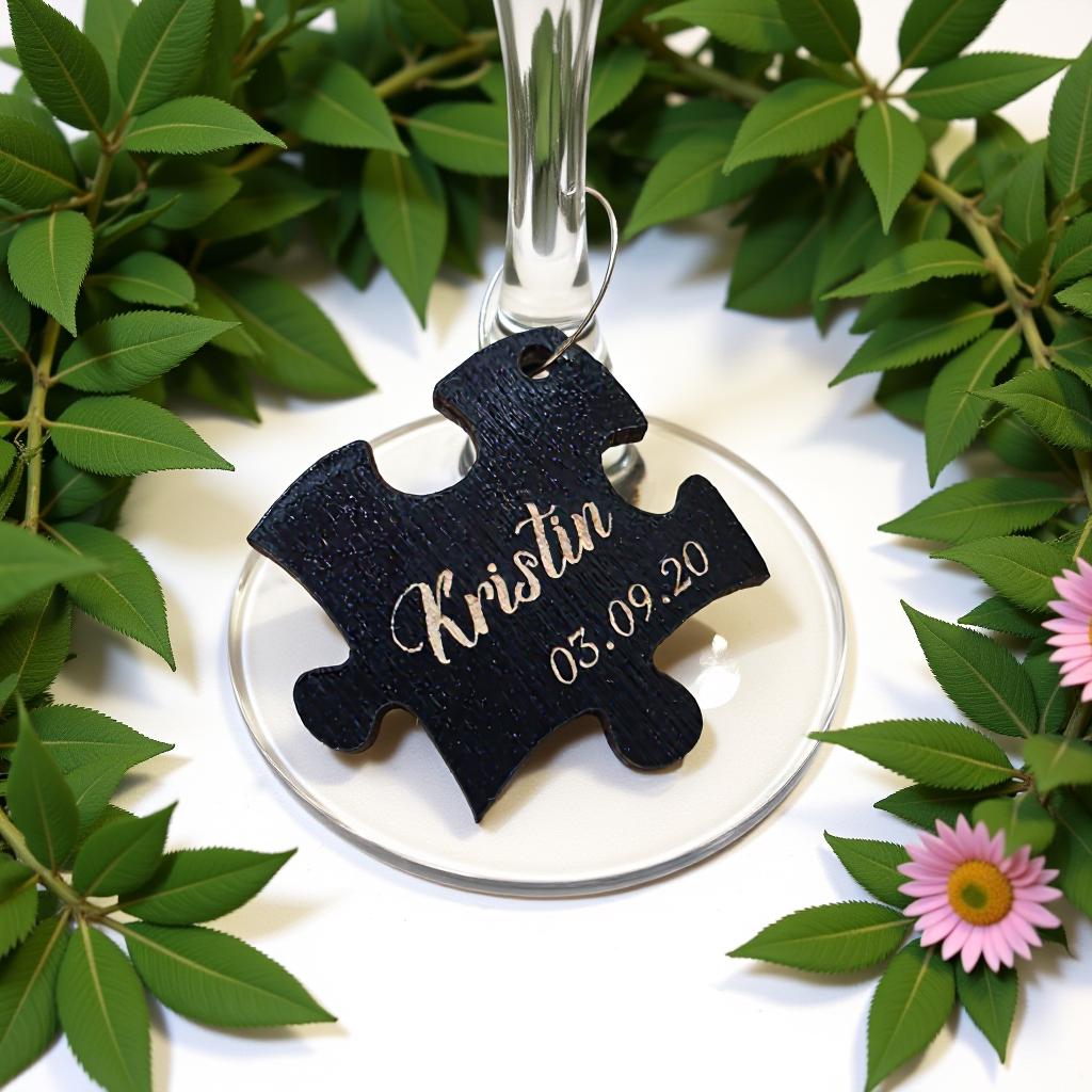 Personalized Puzzle Wine Charms: Engraved Plywood Wine Glass Tags