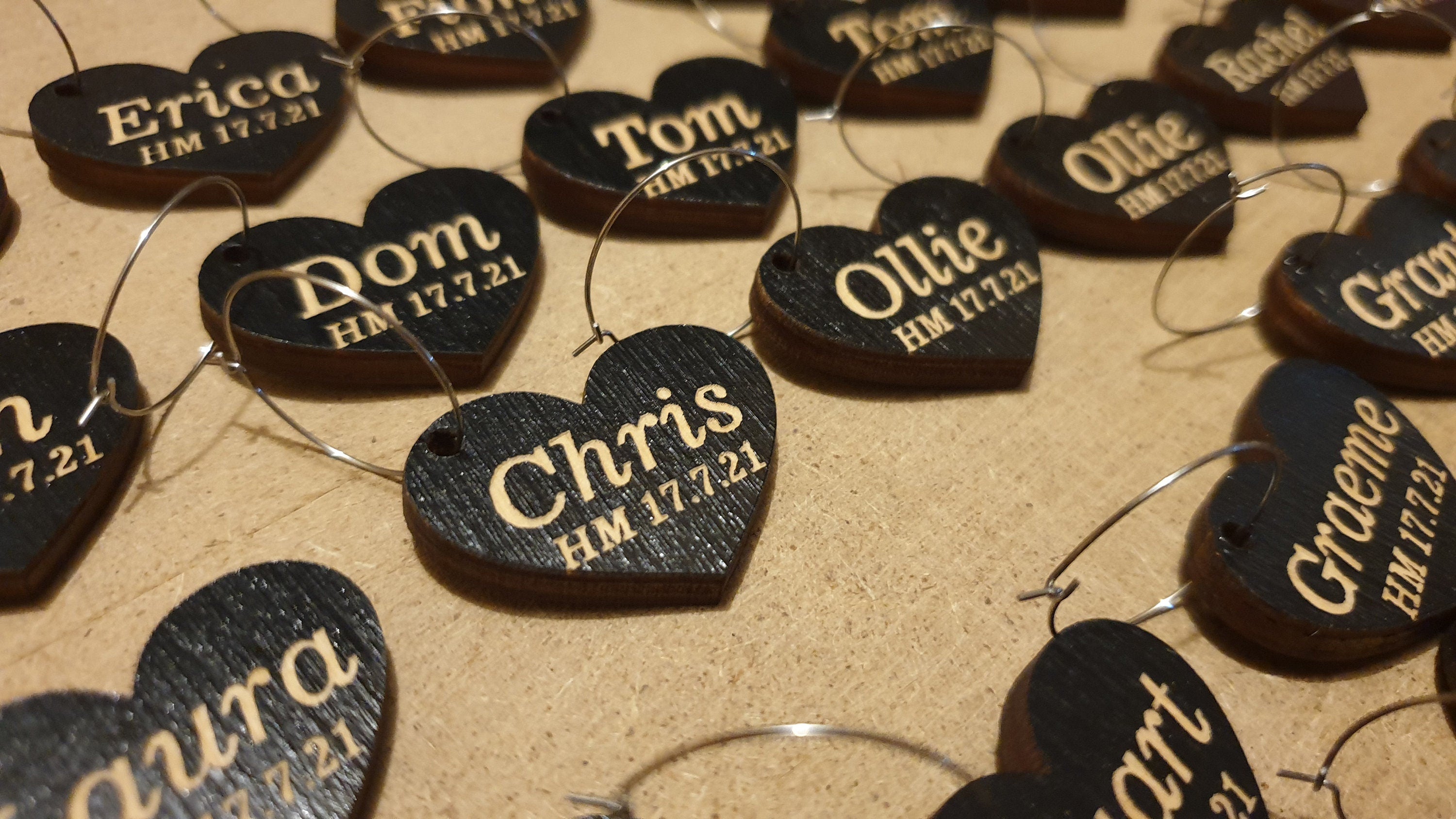 Personalized Heart Wine Charms: Engraved Plywood, Wedding Favors