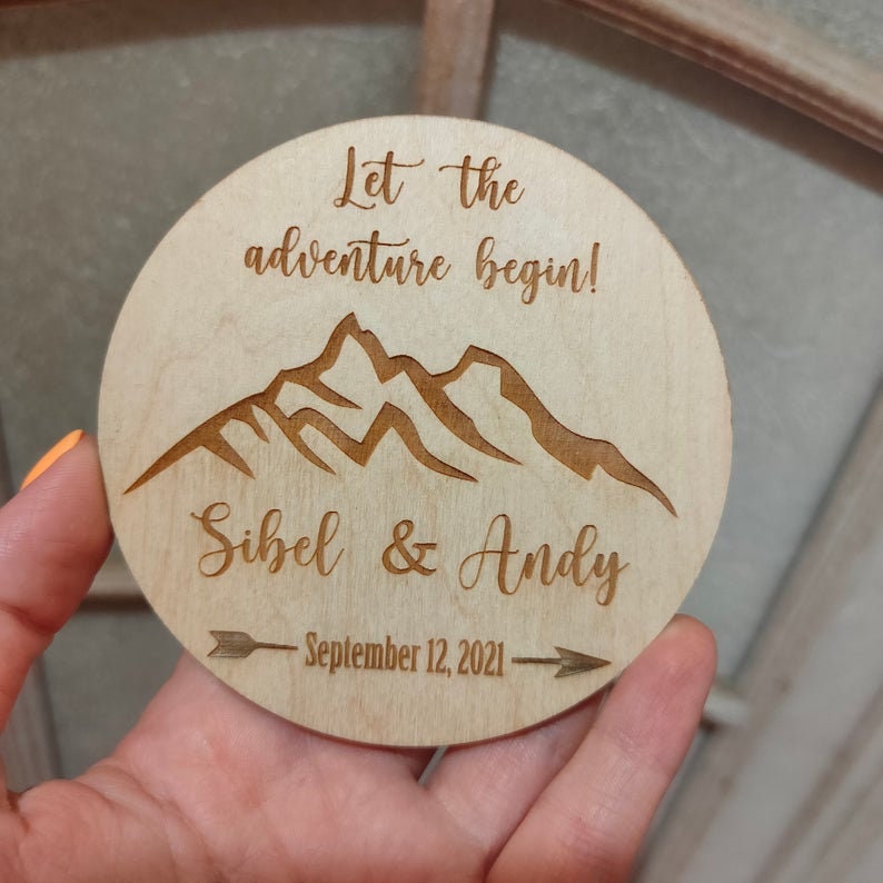 Mountain Wedding Favors: Personalized Wooden Coasters, Let Adventure Begin (95MM)