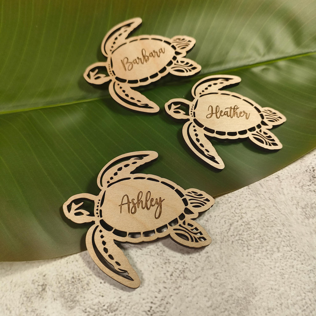 Turtle Wedding Place Cards: Engraved Wooden Beach Favors