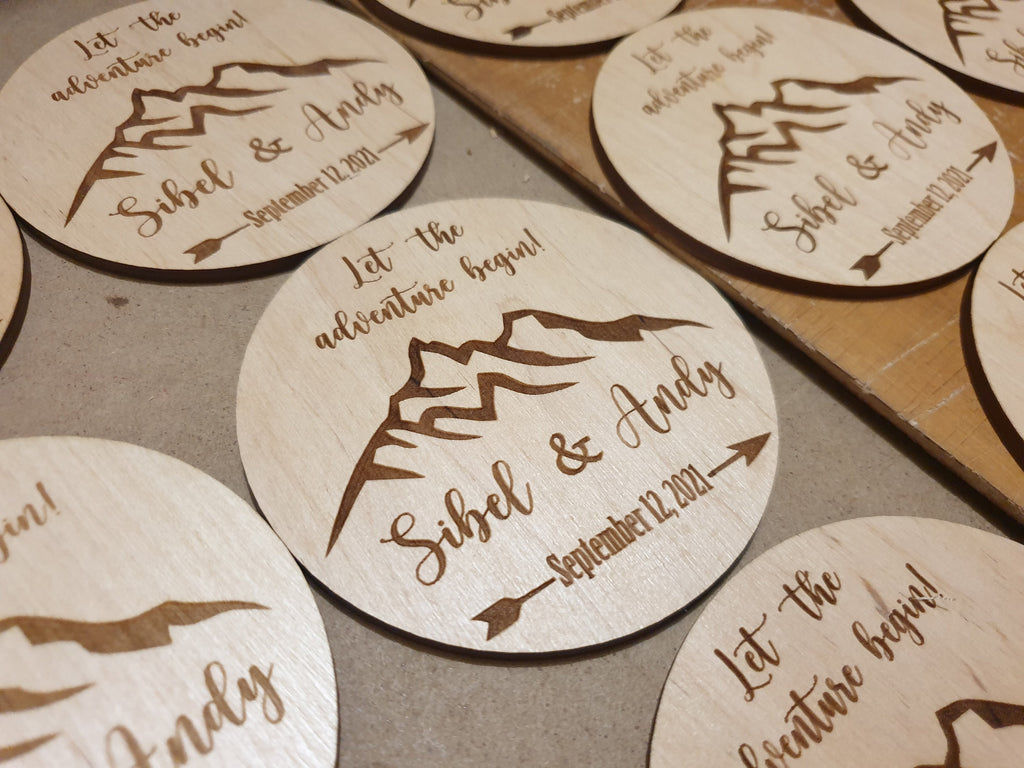 Mountain Wedding Favors: Personalized Wooden Coasters, Let Adventure Begin (95MM)