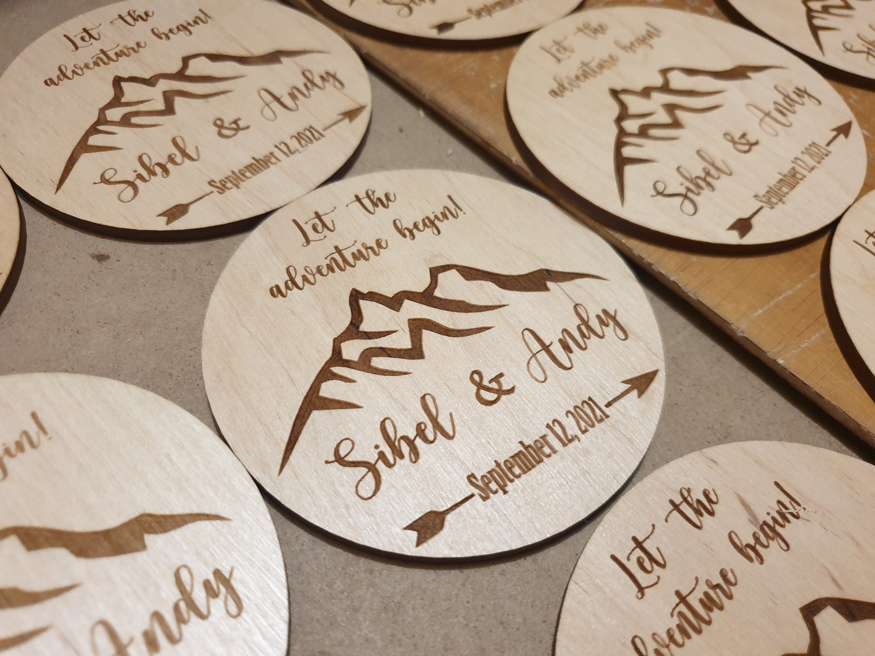 Mountain Wedding Favors: Personalized Wooden Coasters, Let Adventure Begin (95MM)