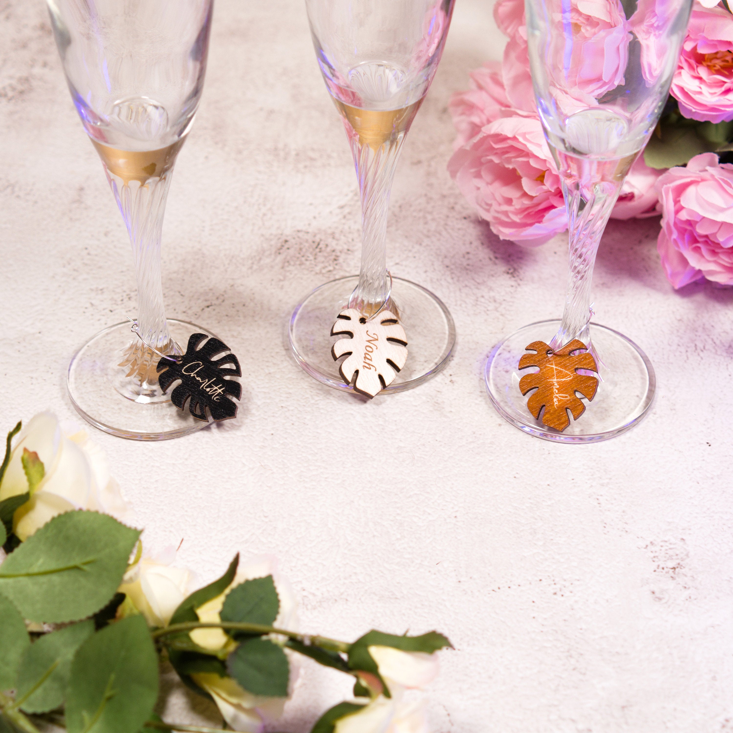 Personalized Monstera Leaf Wine Charms: Tropical Drink Markers