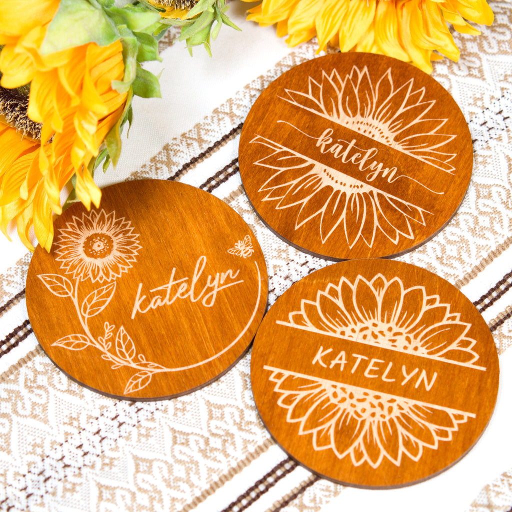 Sunflower Wedding Place Card Coasters: Rustic Wood Favors
