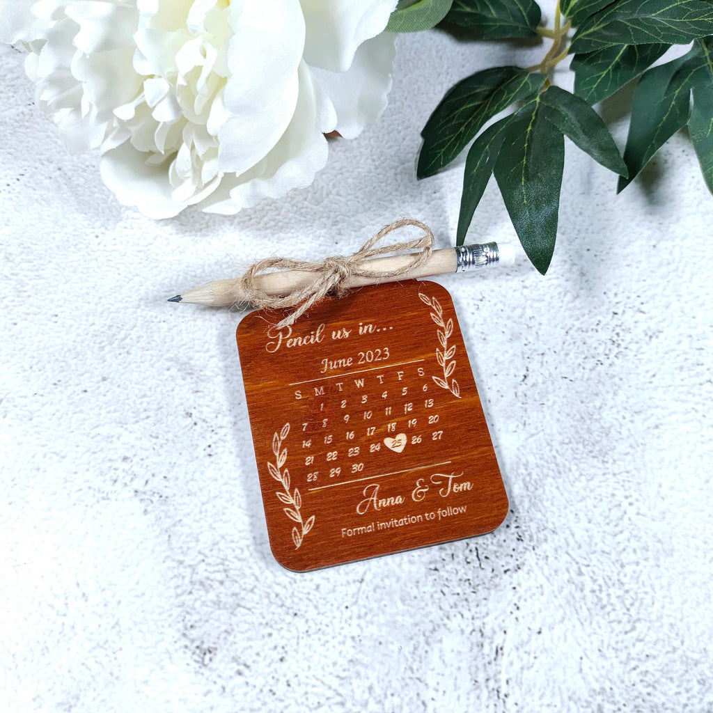 Pencil Us In Save The Date: Wood Wedding Invitation with Mini Pencil