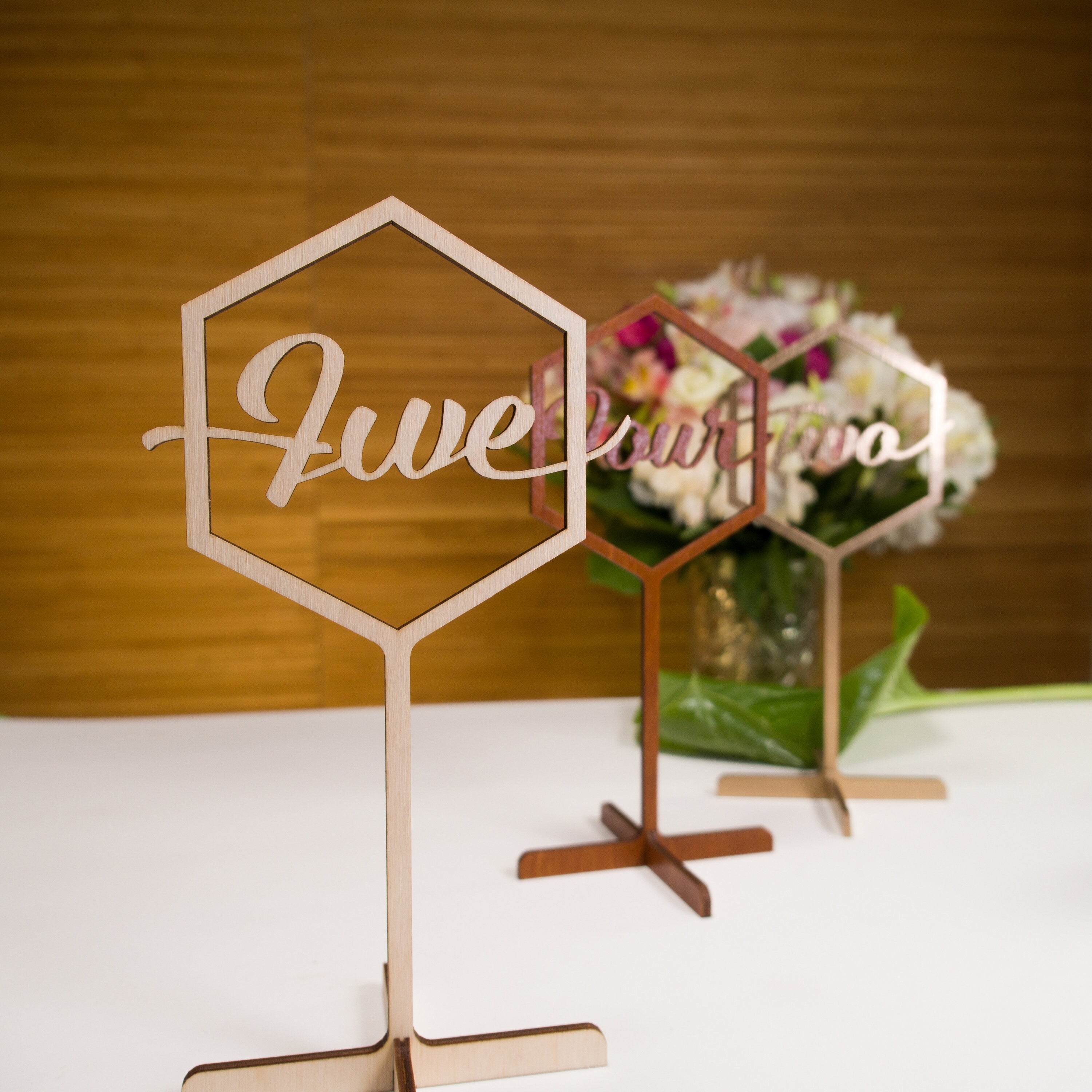 Rustic Wooden Table Numbers with Stand, Modern Calligraphy Wedding Table Sign, Custom Event Centerpiece