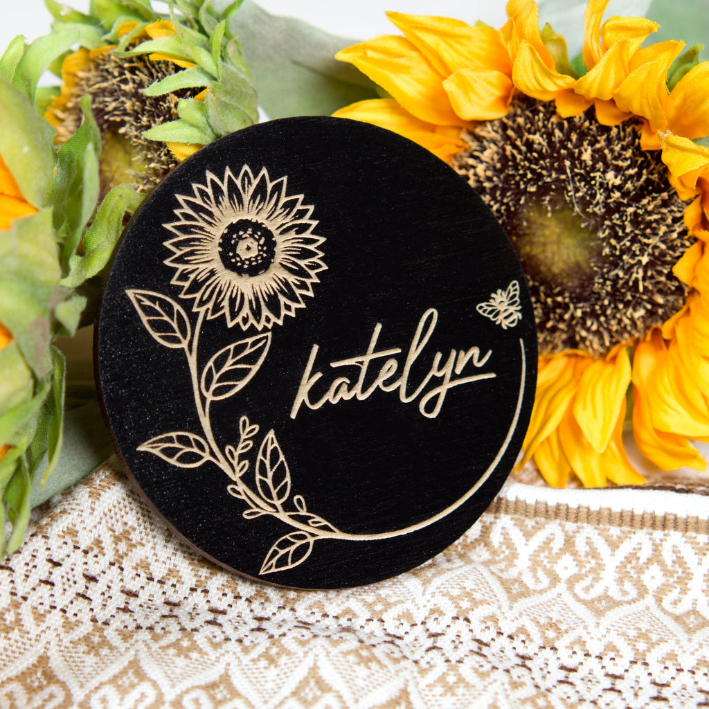 Sunflower Wedding Place Card Coasters: Rustic Wood Favors