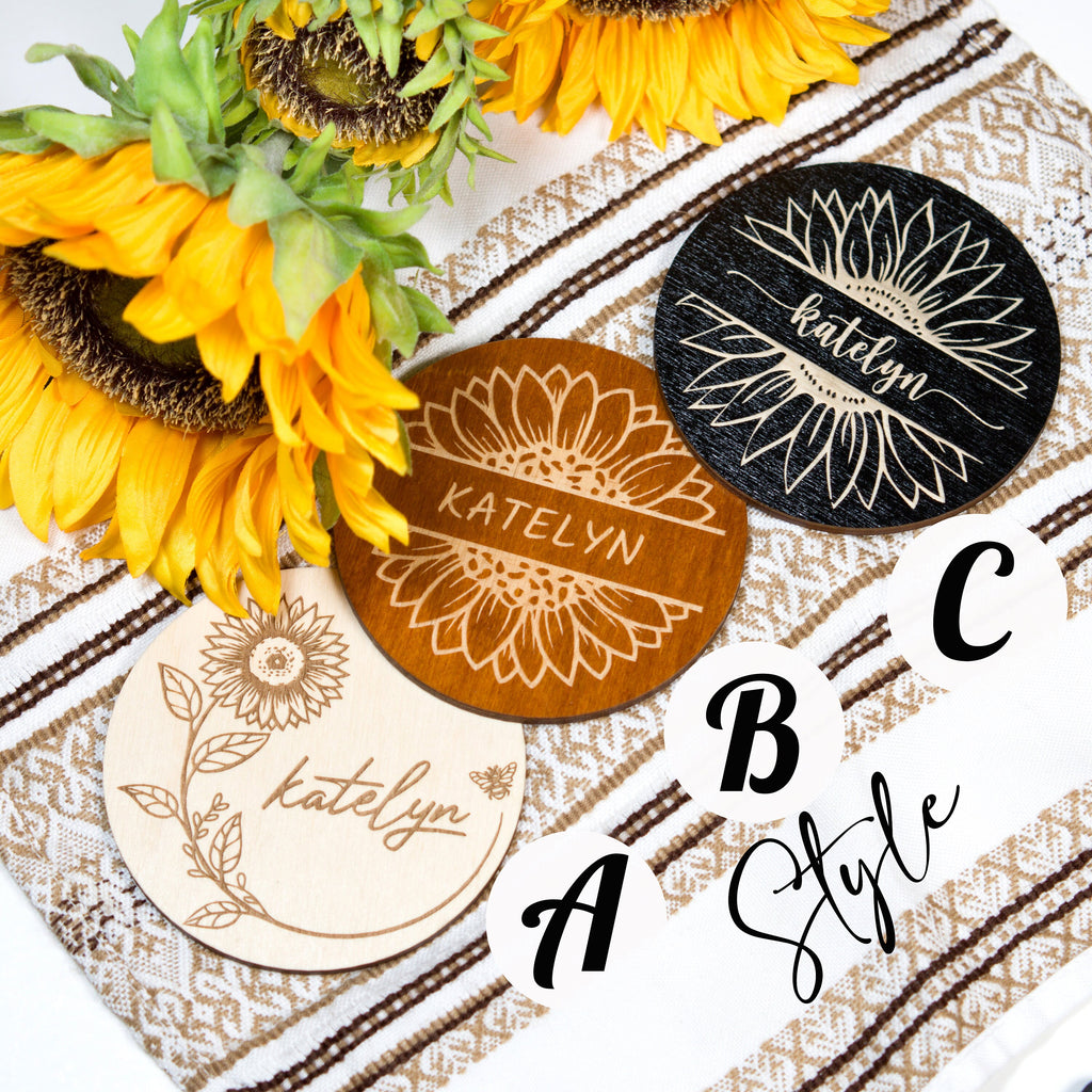 Sunflower Wedding Place Card Coasters: Rustic Wood Favors