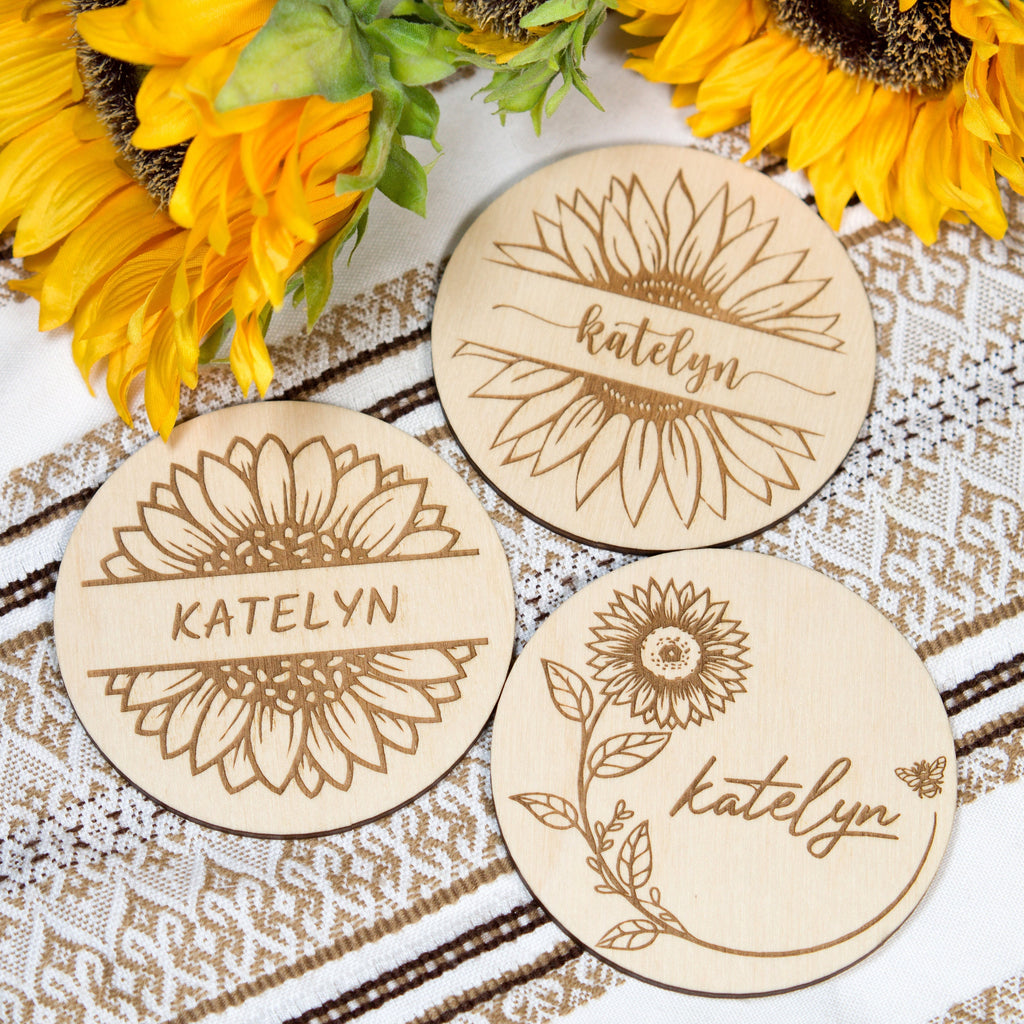 Sunflower Wedding Place Card Coasters: Rustic Wood Favors