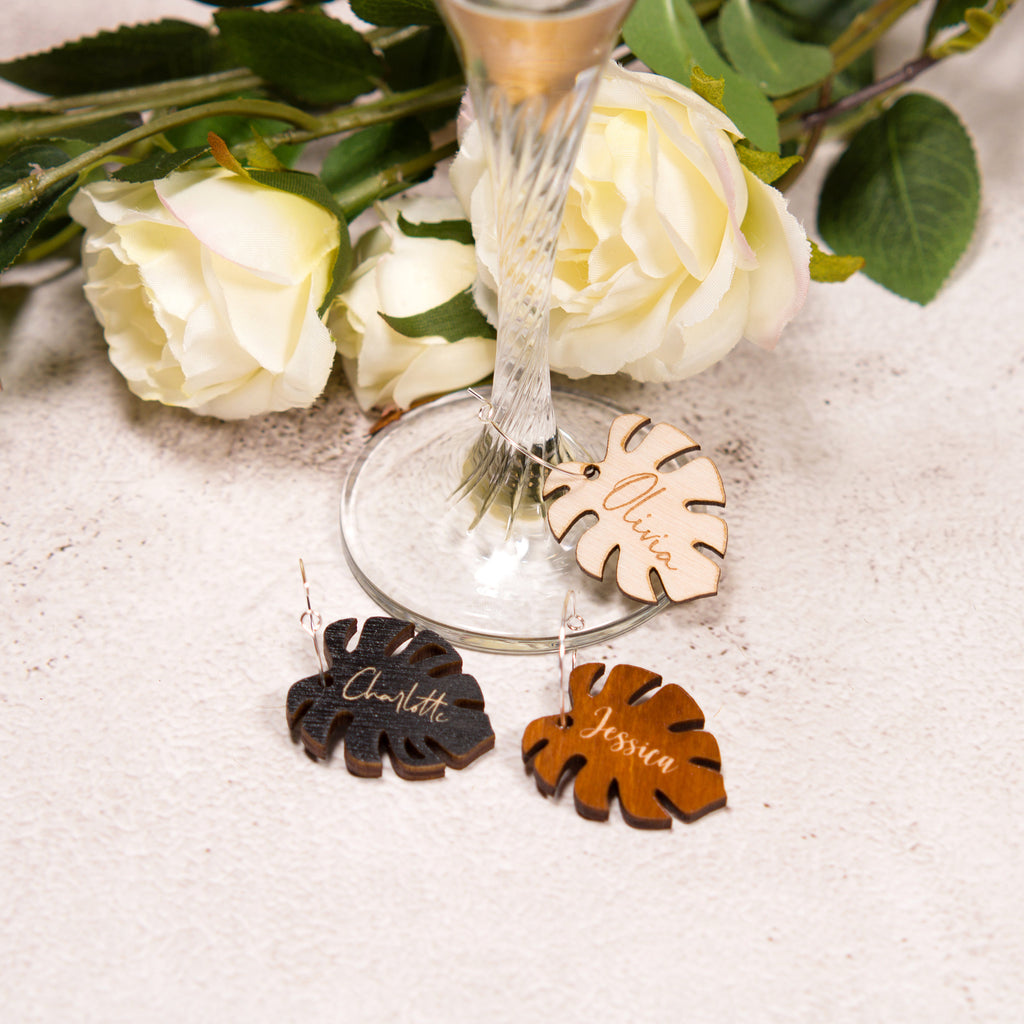 Personalized Monstera Leaf Wine Charms: Tropical Drink Markers