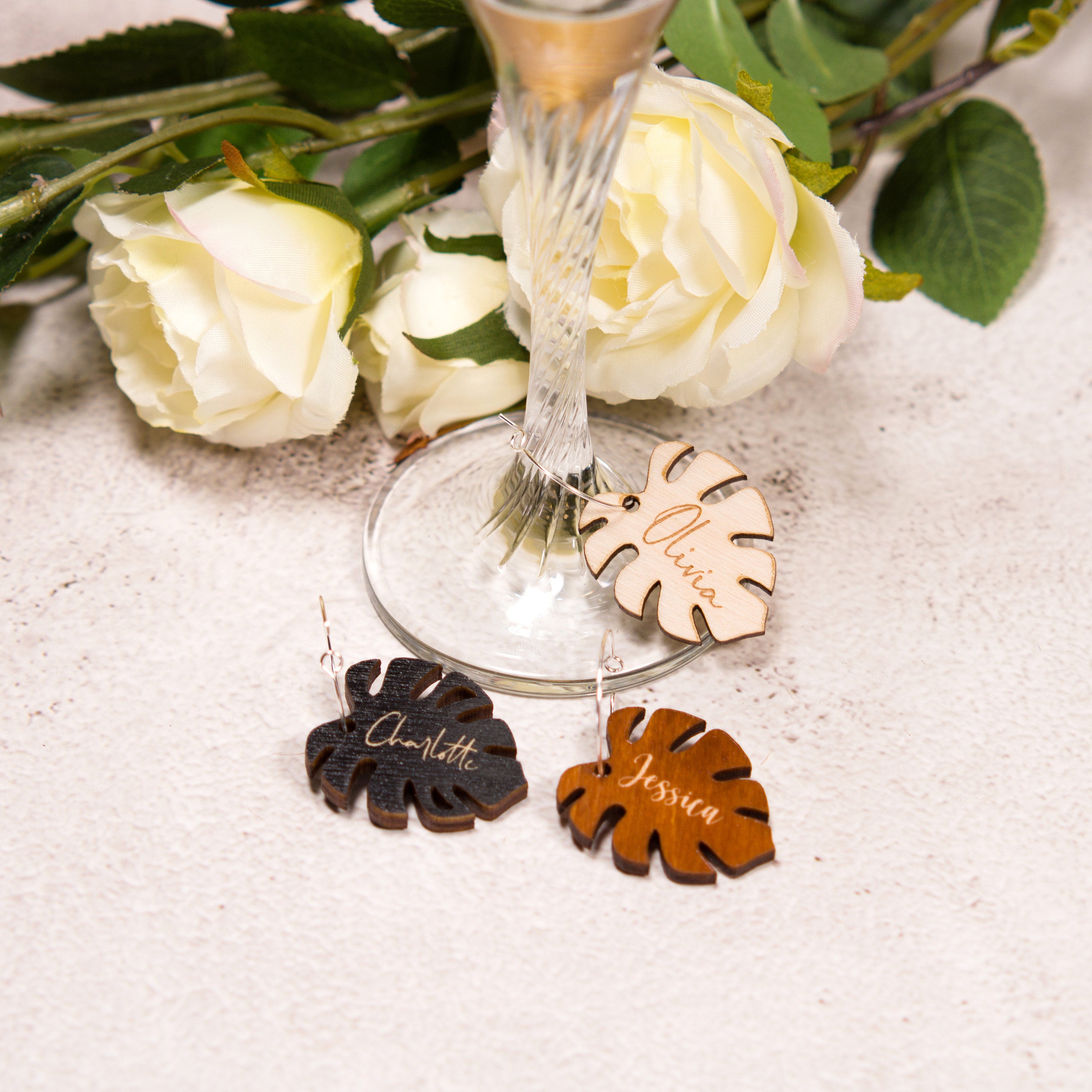 Personalized Monstera Leaf Wine Charms: Tropical Drink Markers