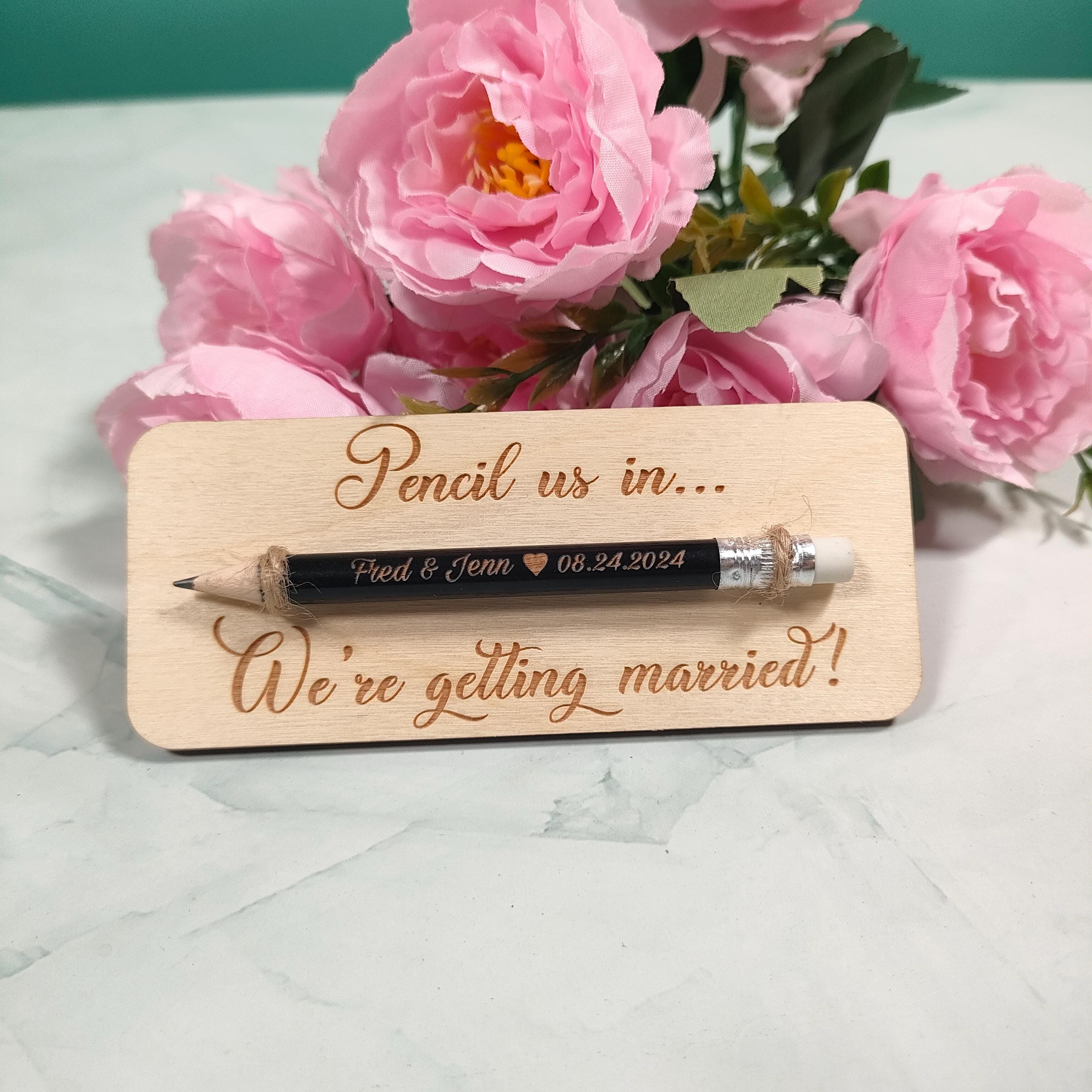 Pencil Save The Date Magnet: Custom Engraved Wood Tag, Wedding Favor