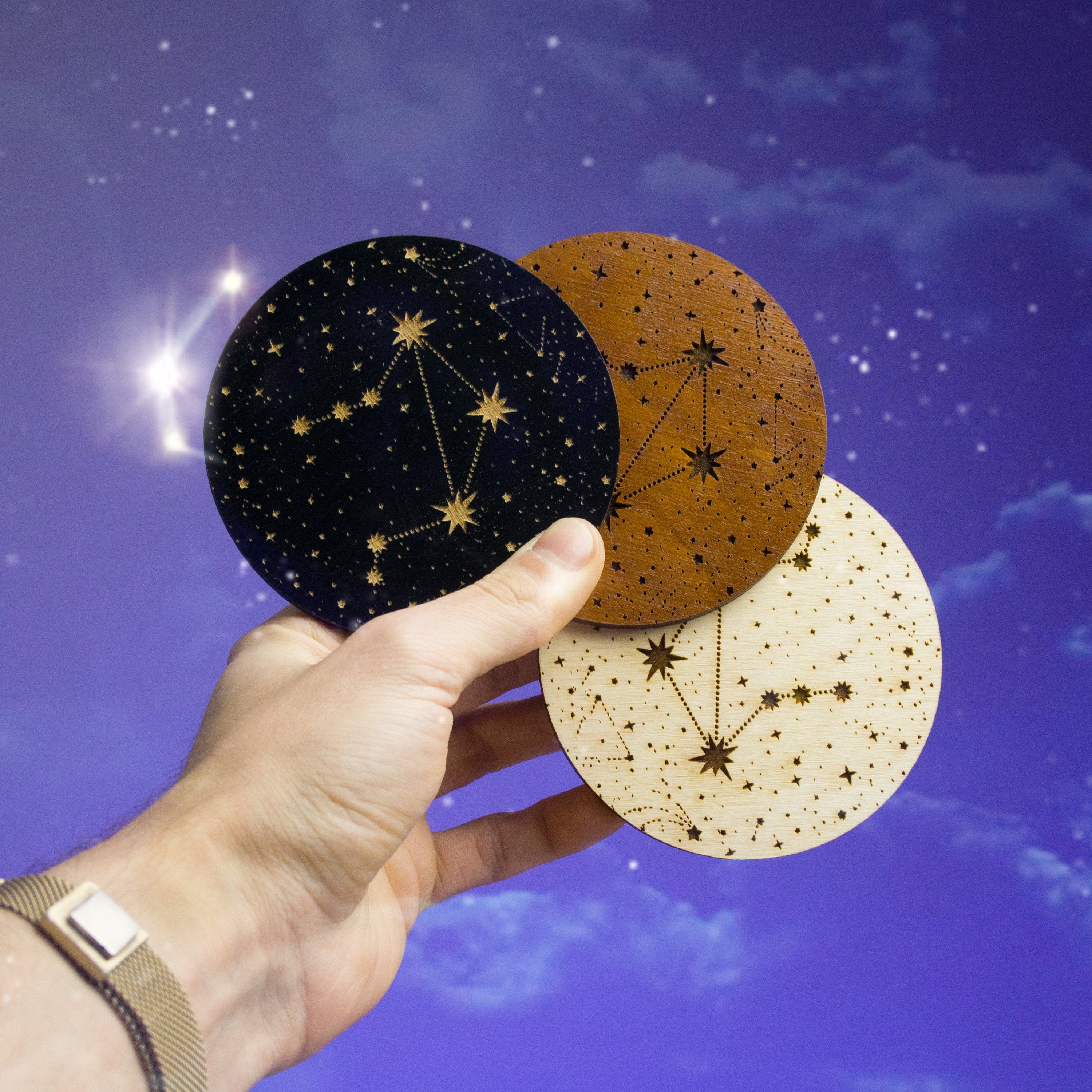 Zodiac Coasters: Engraved Celestial Wood Coaster Set