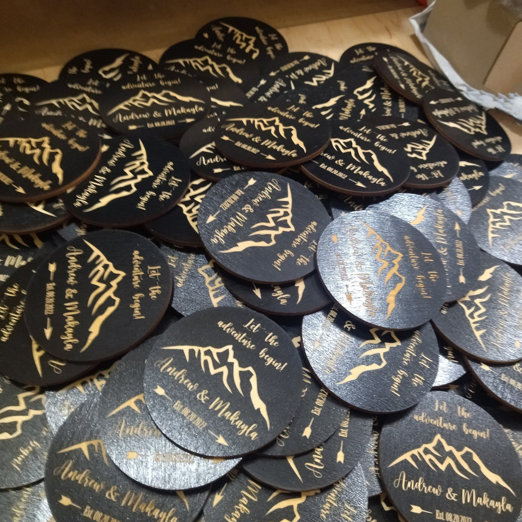 Mountain Wedding Favors: Personalized Wooden Coasters, Let Adventure Begin (95MM)