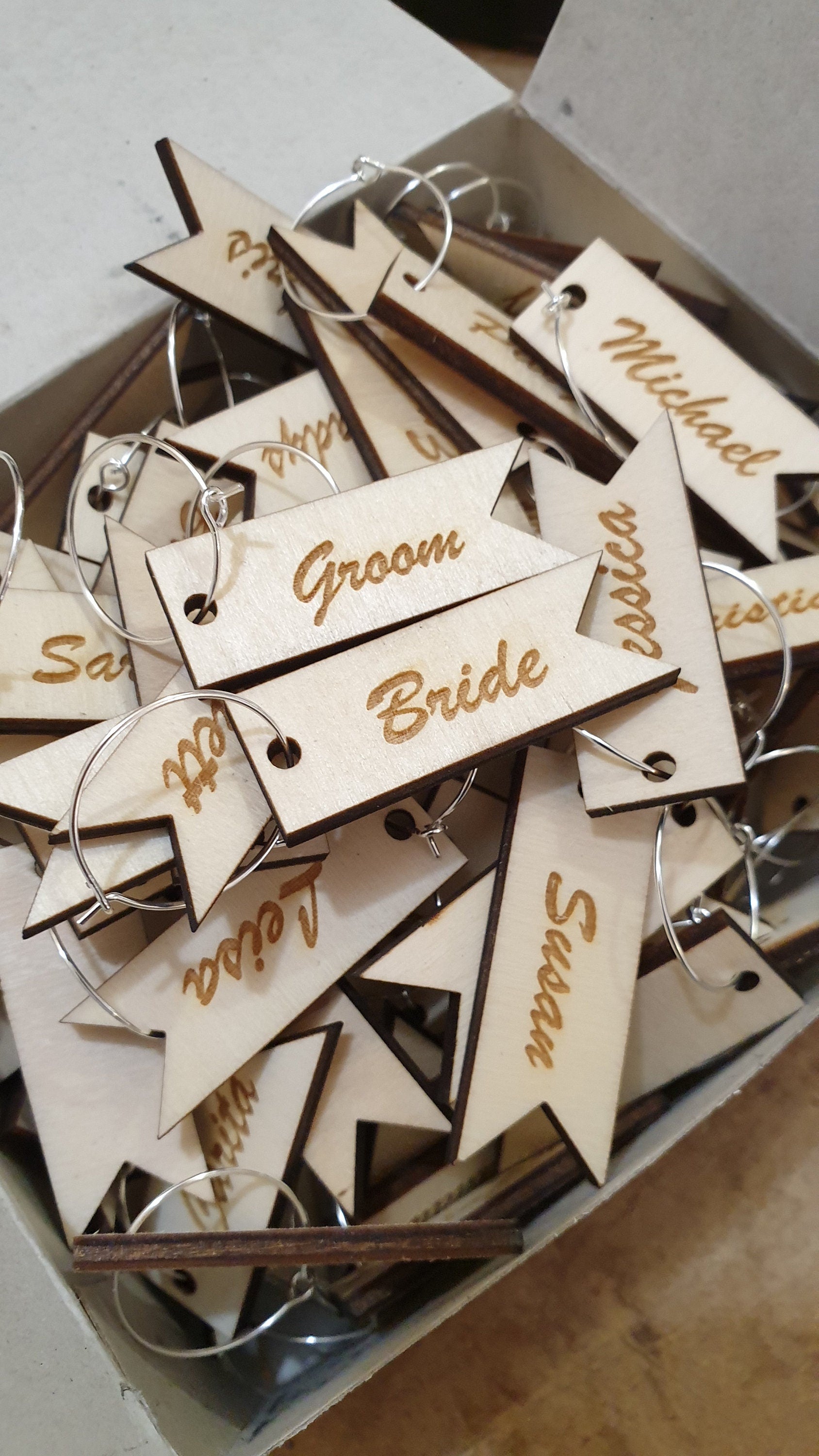 Personalized Engraved Wine Charms: Wedding Favors, Laser Cut Plywood