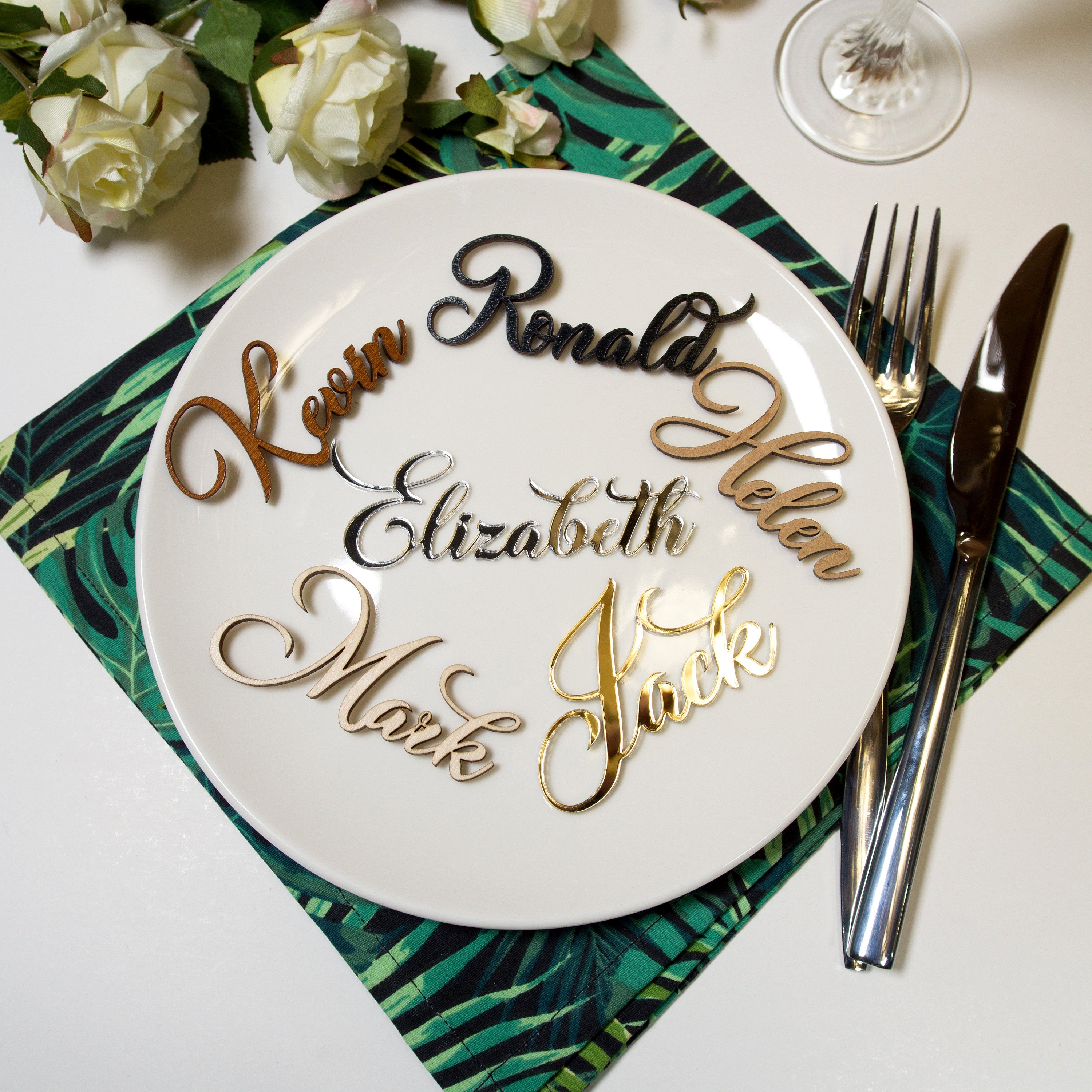 Laser Cut Wedding Place Cards: Acrylic, Wood Name Place Setting