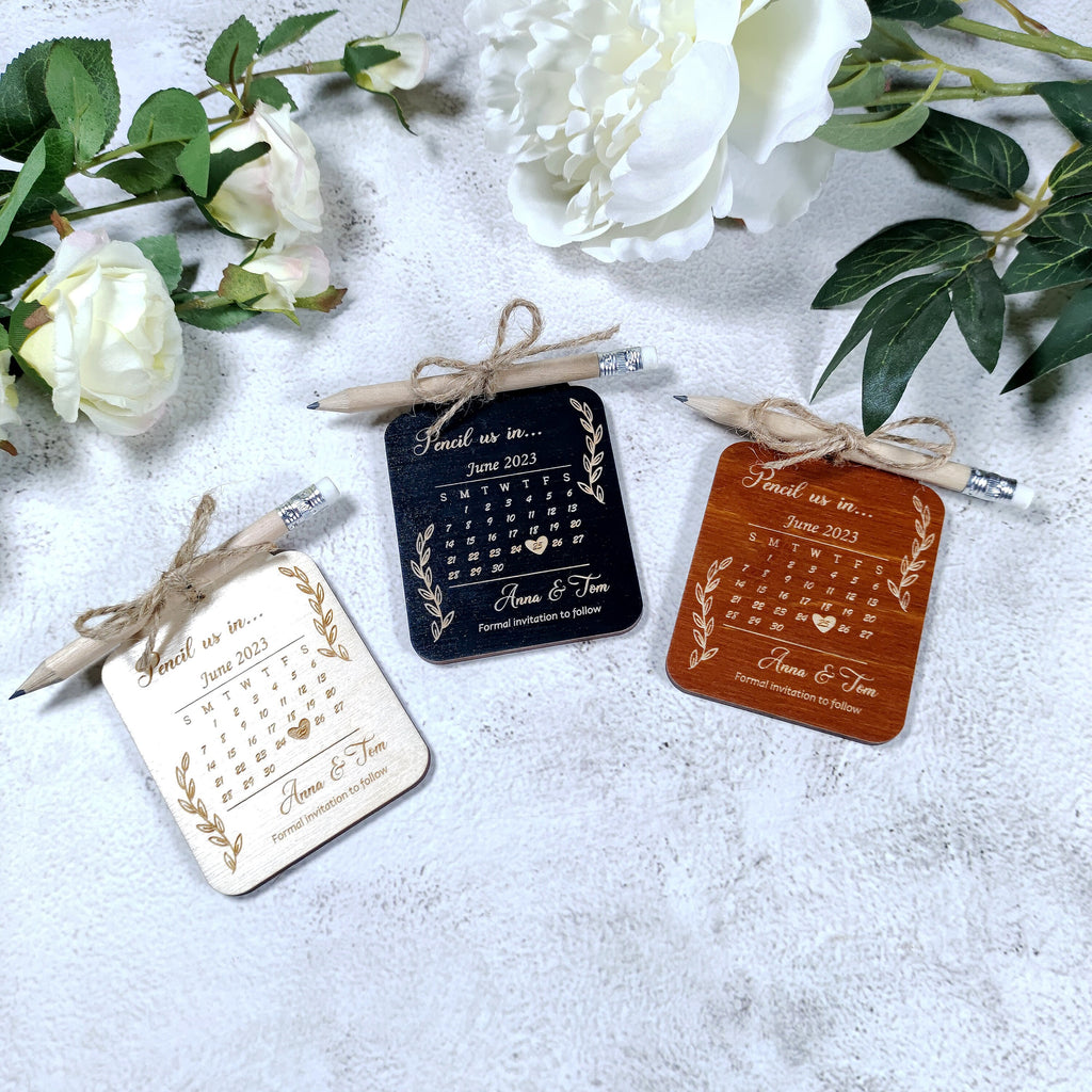 Pencil Us In Save The Date: Wood Wedding Invitation with Mini Pencil