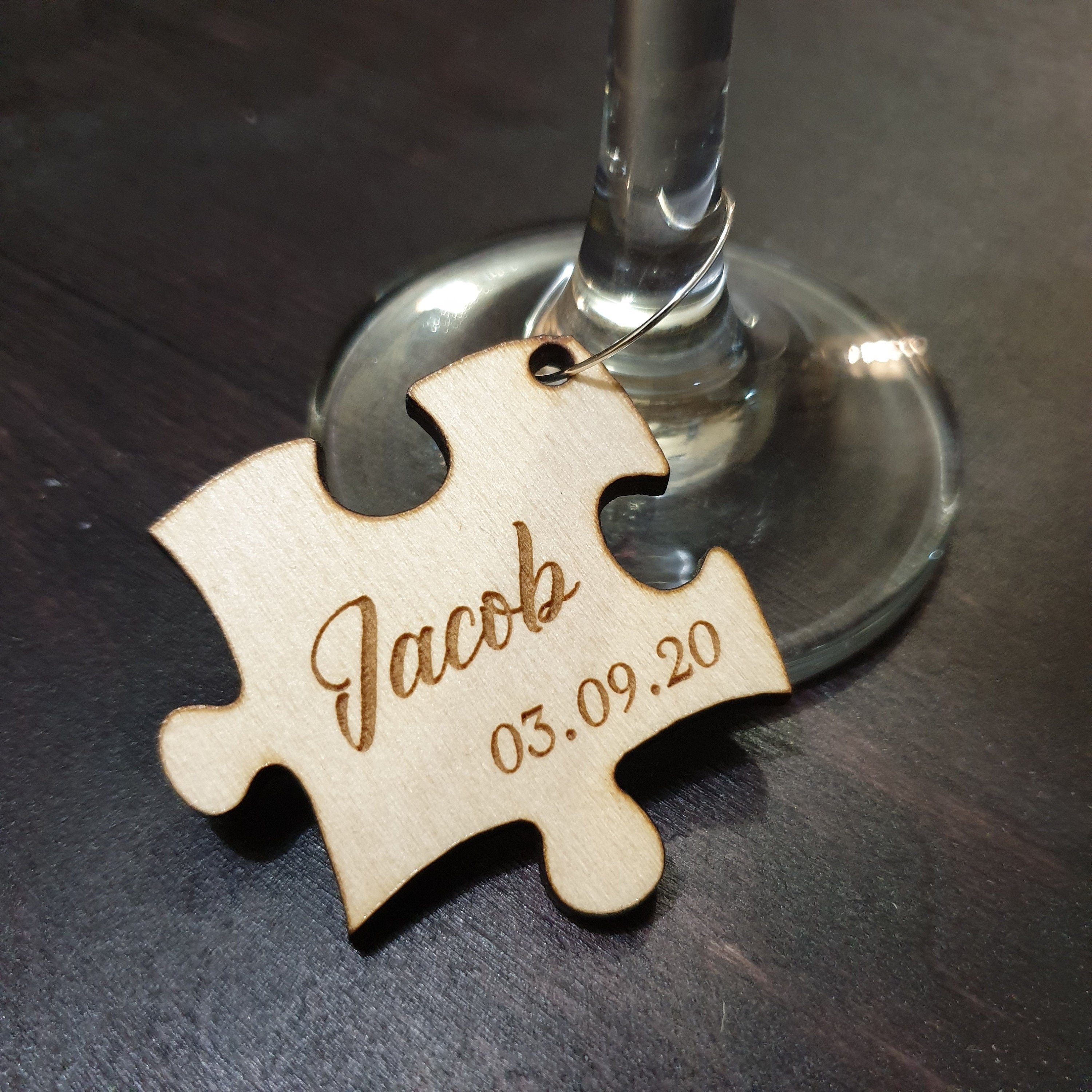 Personalized Puzzle Wine Charms: Engraved Plywood Wine Glass Tags