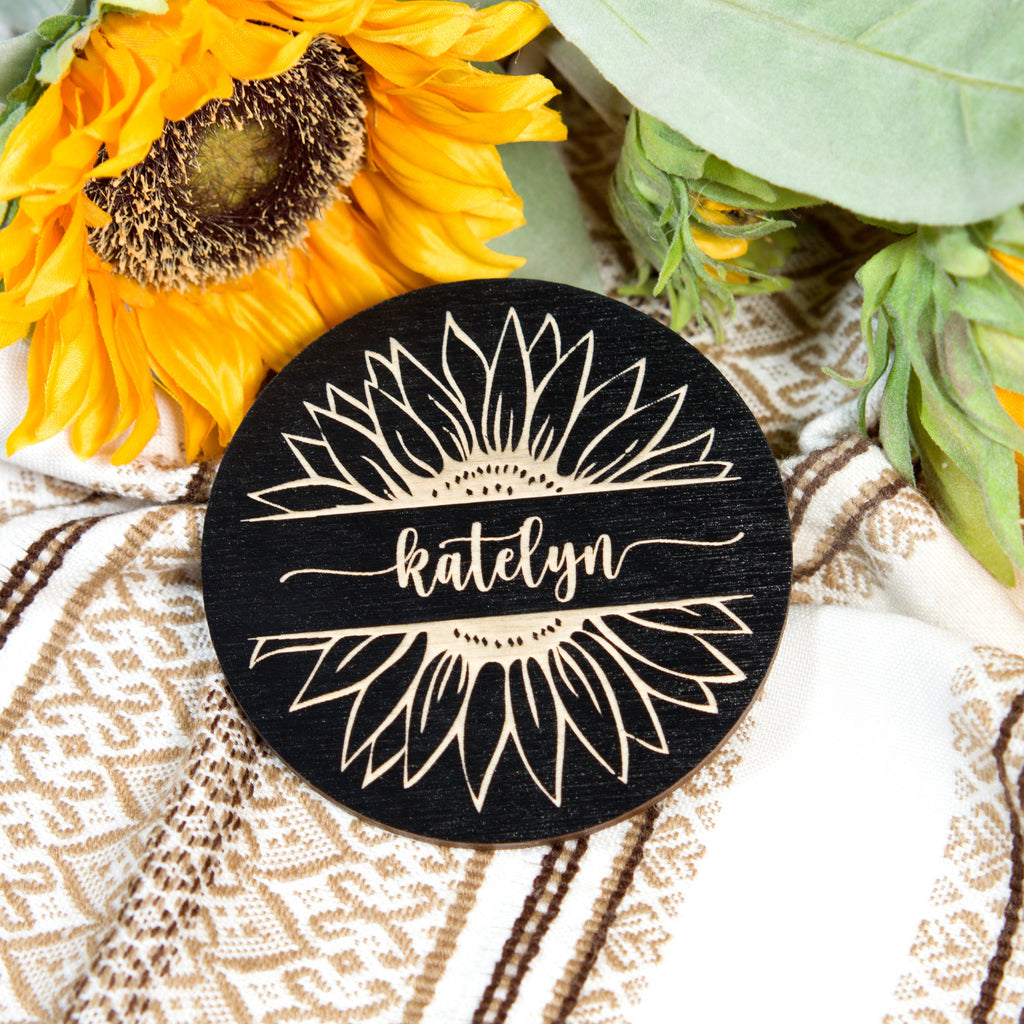 Sunflower Wedding Place Card Coasters: Rustic Wood Favors