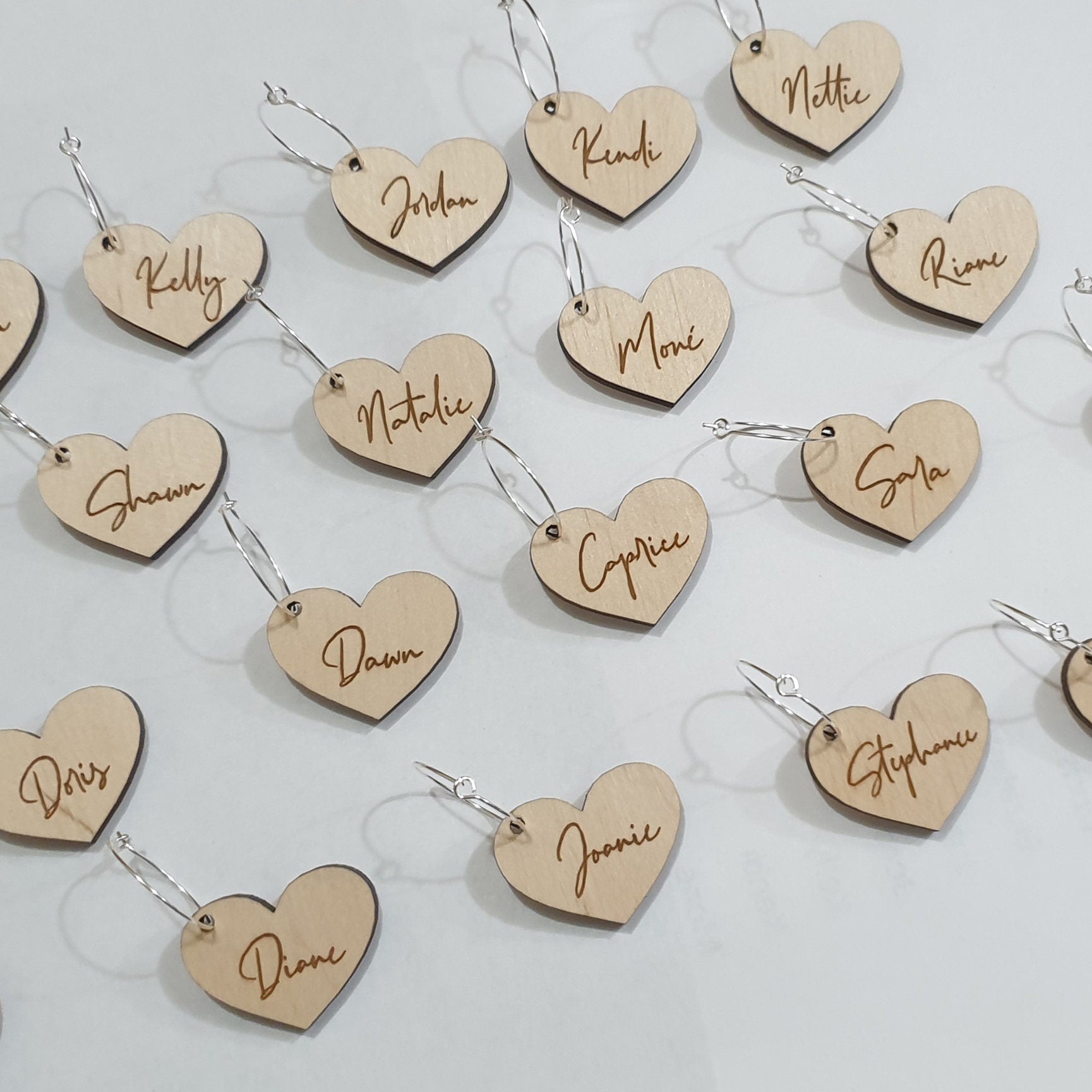 Personalized Heart Wine Charms: Engraved Plywood, Wedding Favors
