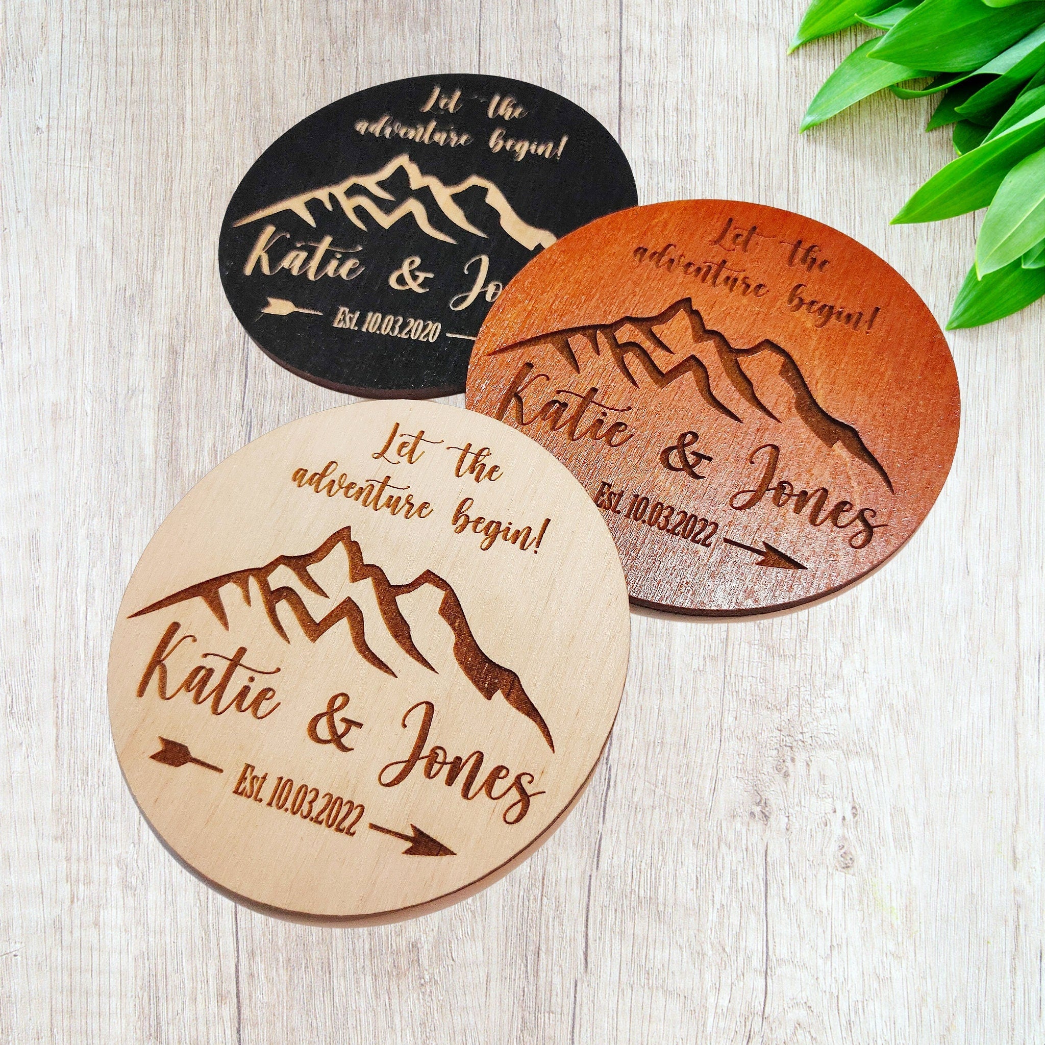 Mountain Wedding Favors: Personalized Wooden Coasters, Let Adventure Begin (95MM)
