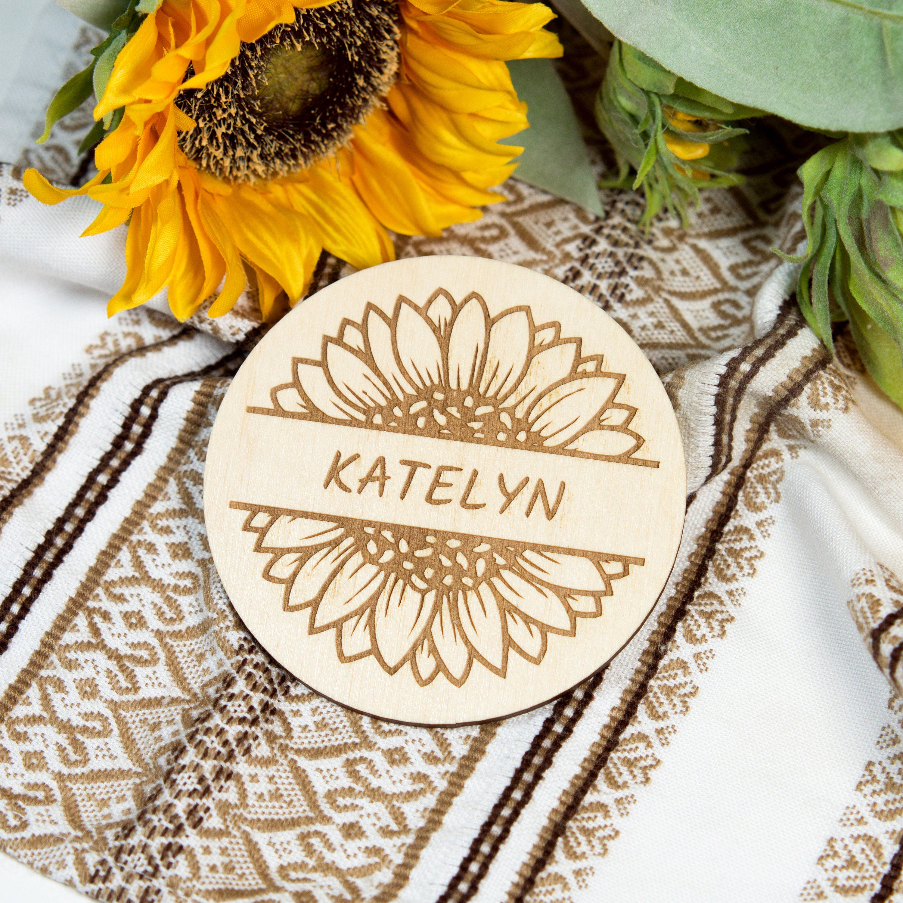 Sunflower Wedding Place Card Coasters: Rustic Wood Favors