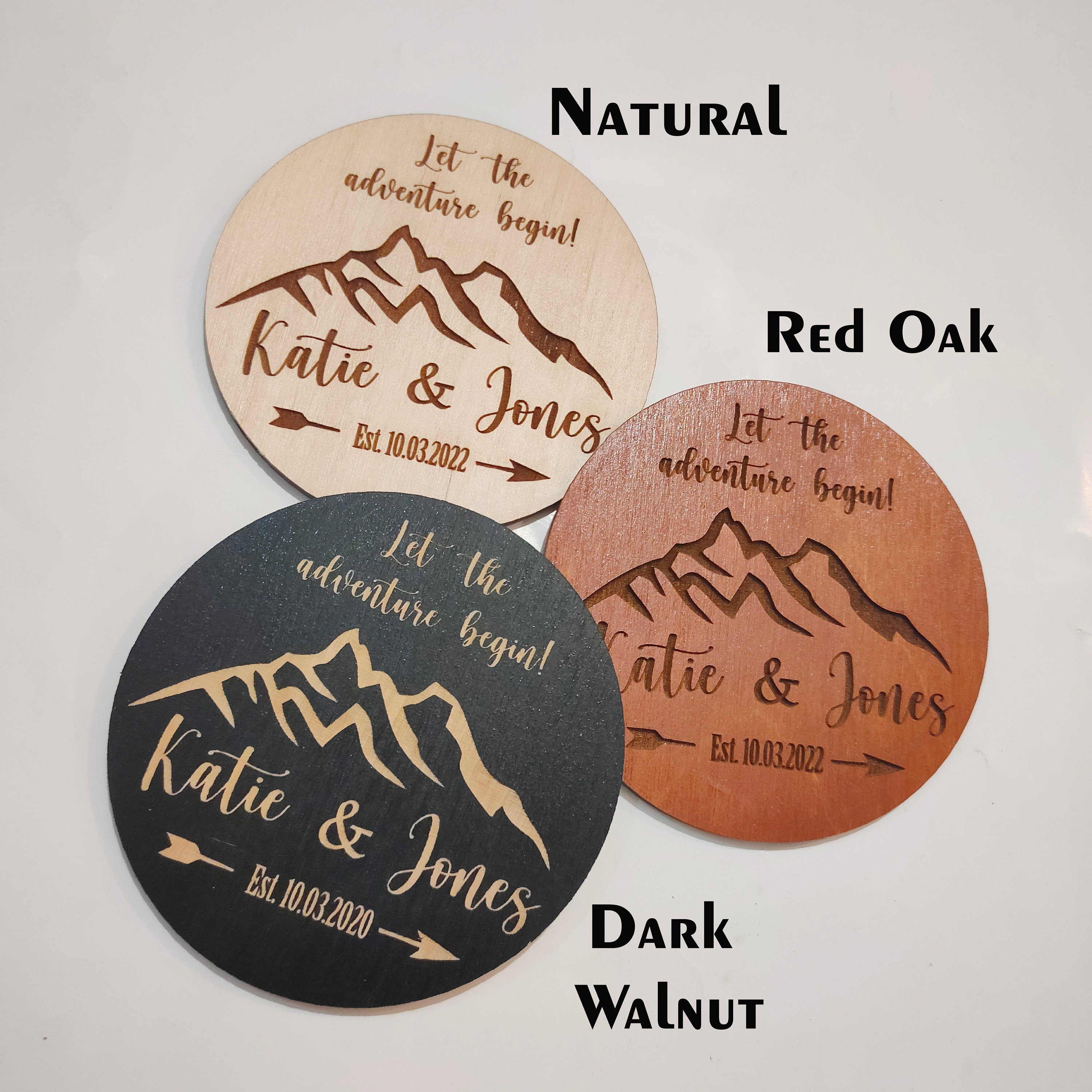 Mountain Wedding Favors: Personalized Wooden Coasters, Let Adventure Begin (95MM)