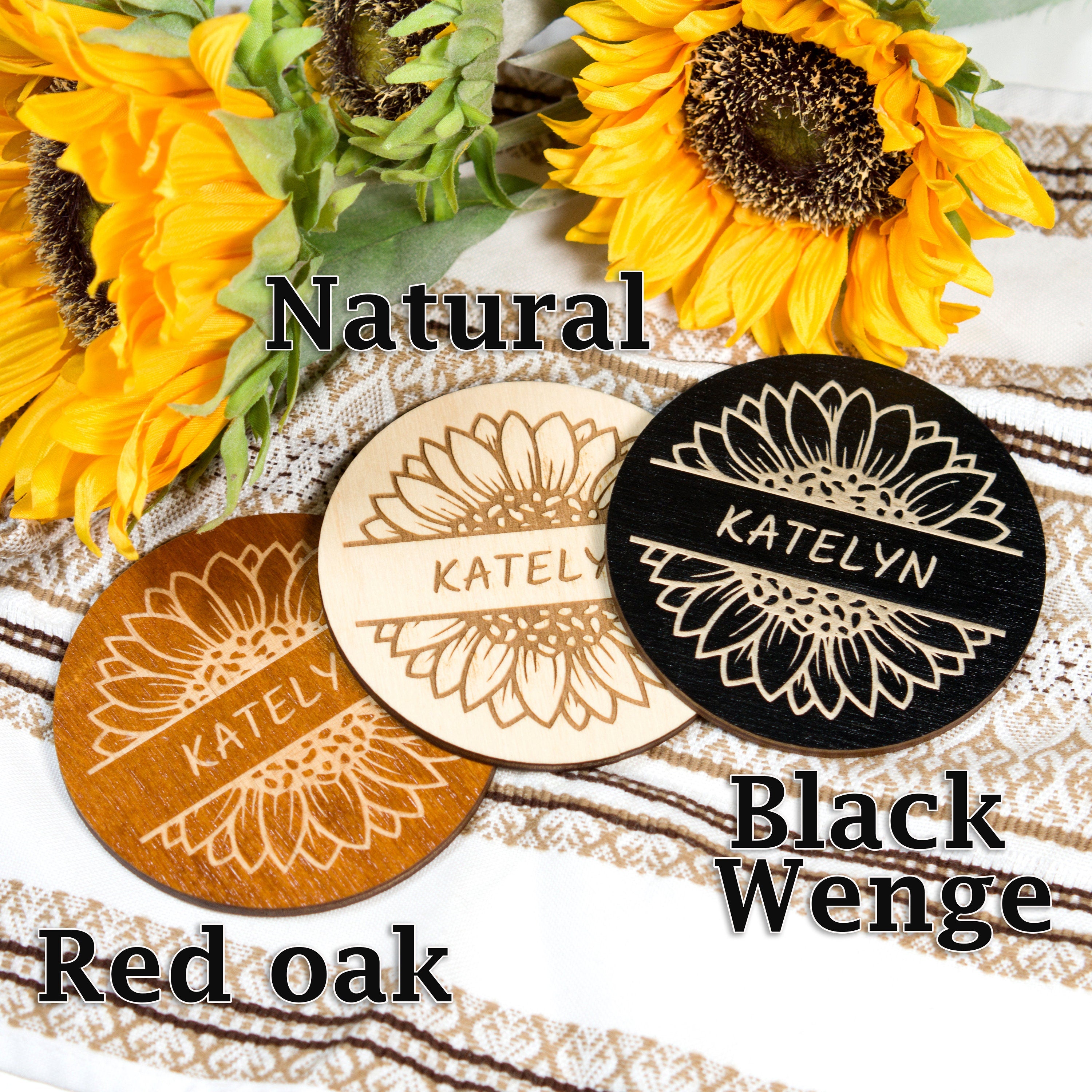 Sunflower Wedding Place Card Coasters: Rustic Wood Favors