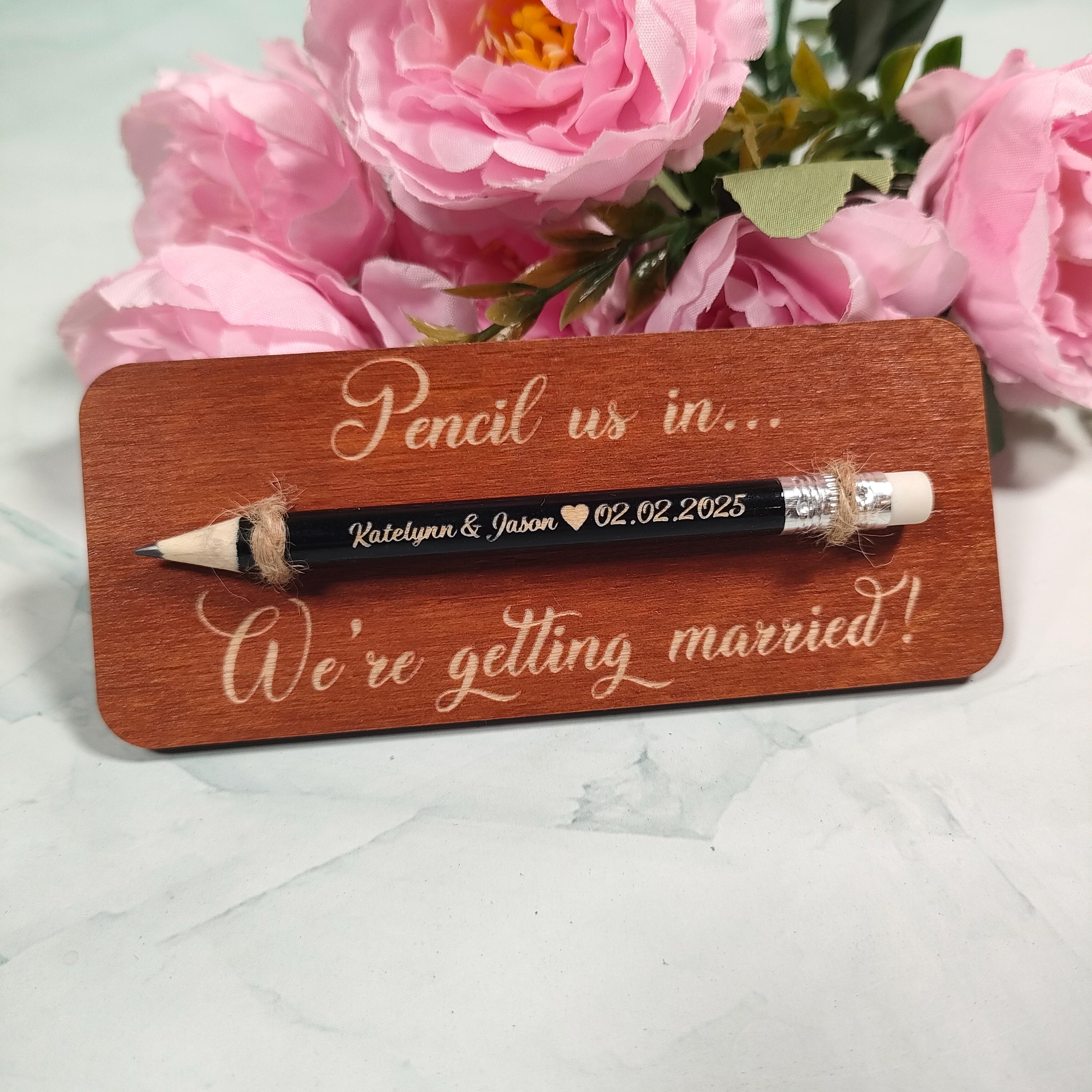 Pencil Save The Date Magnet: Custom Engraved Wood Tag, Wedding Favor
