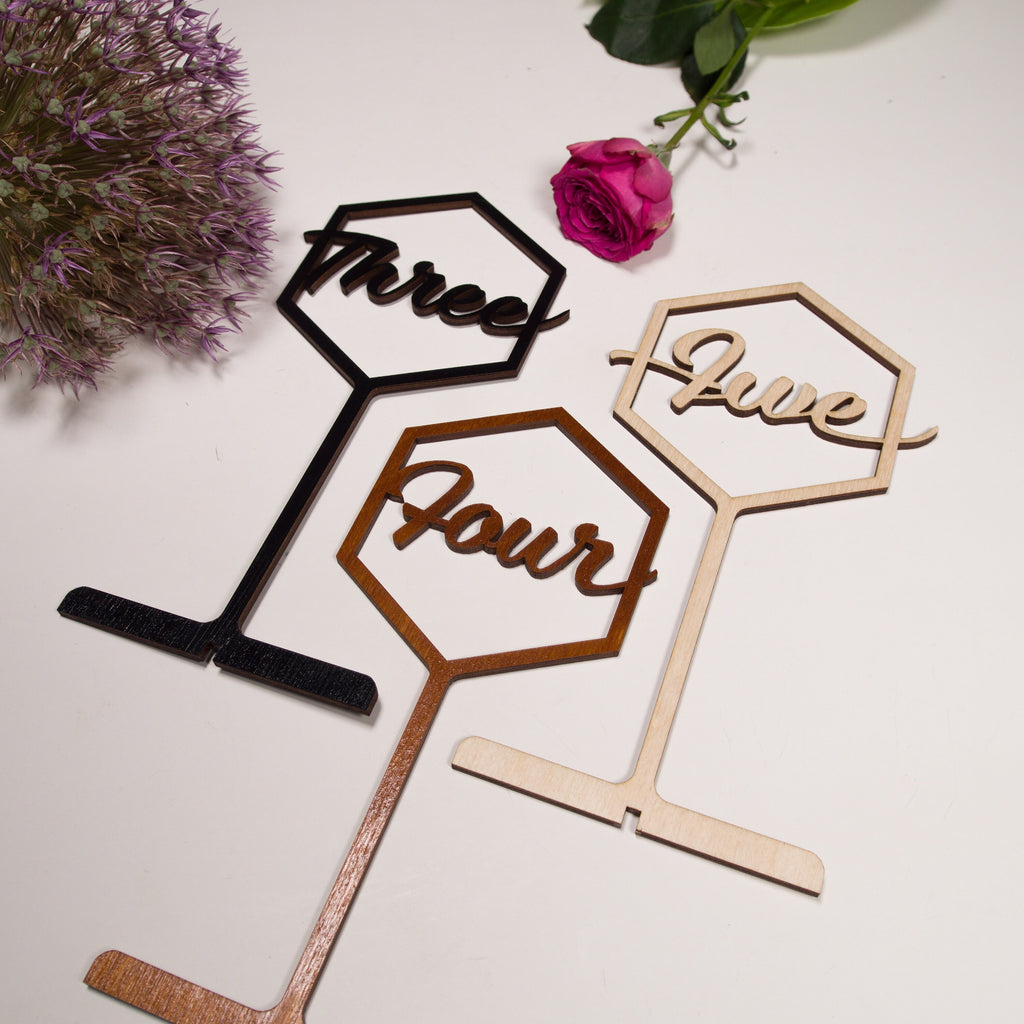 Rustic Wooden Table Numbers with Stand, Modern Calligraphy Wedding Table Sign, Custom Event Centerpiece