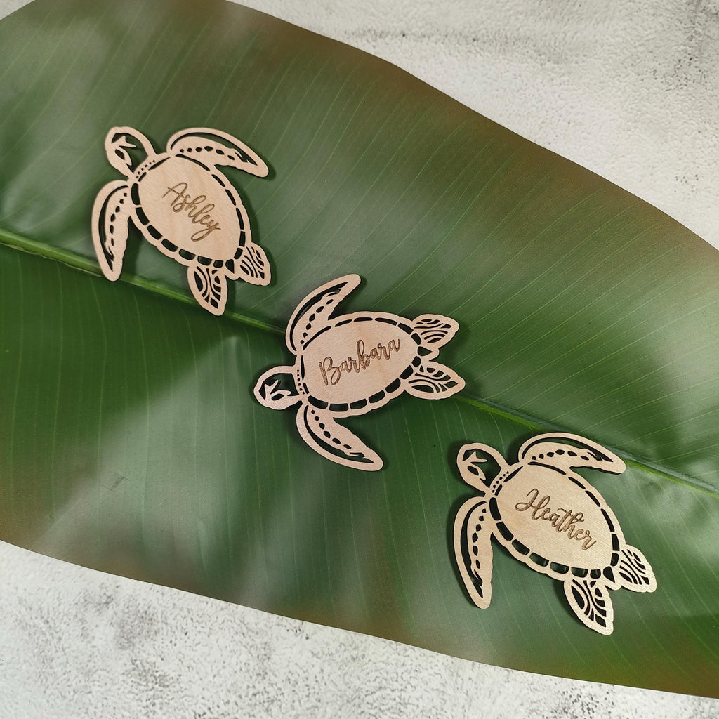 Turtle Wedding Place Cards: Engraved Wooden Beach Favors