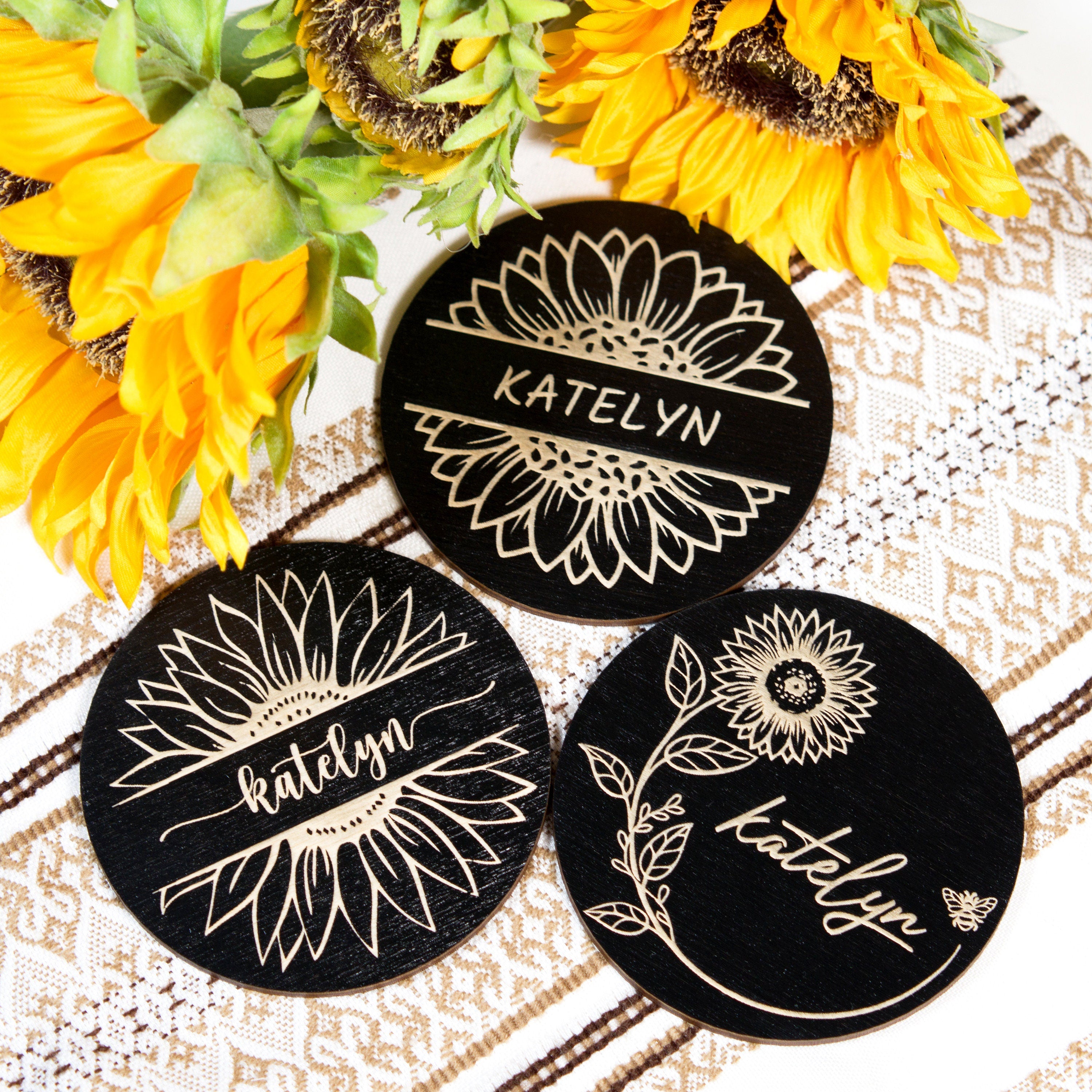Sunflower Wedding Place Card Coasters: Rustic Wood Favors