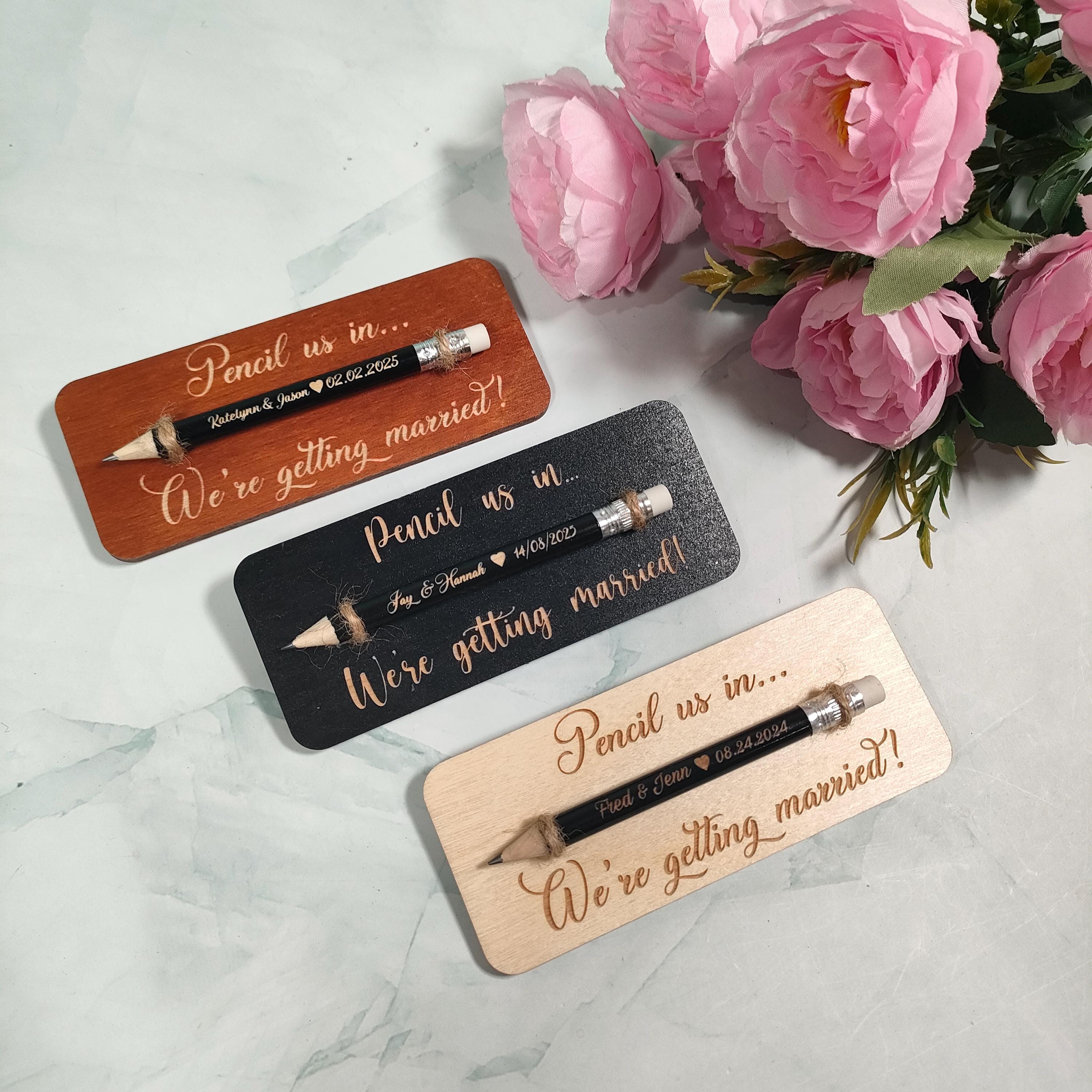 Pencil Save The Date Magnet: Custom Engraved Wood Tag, Wedding Favor