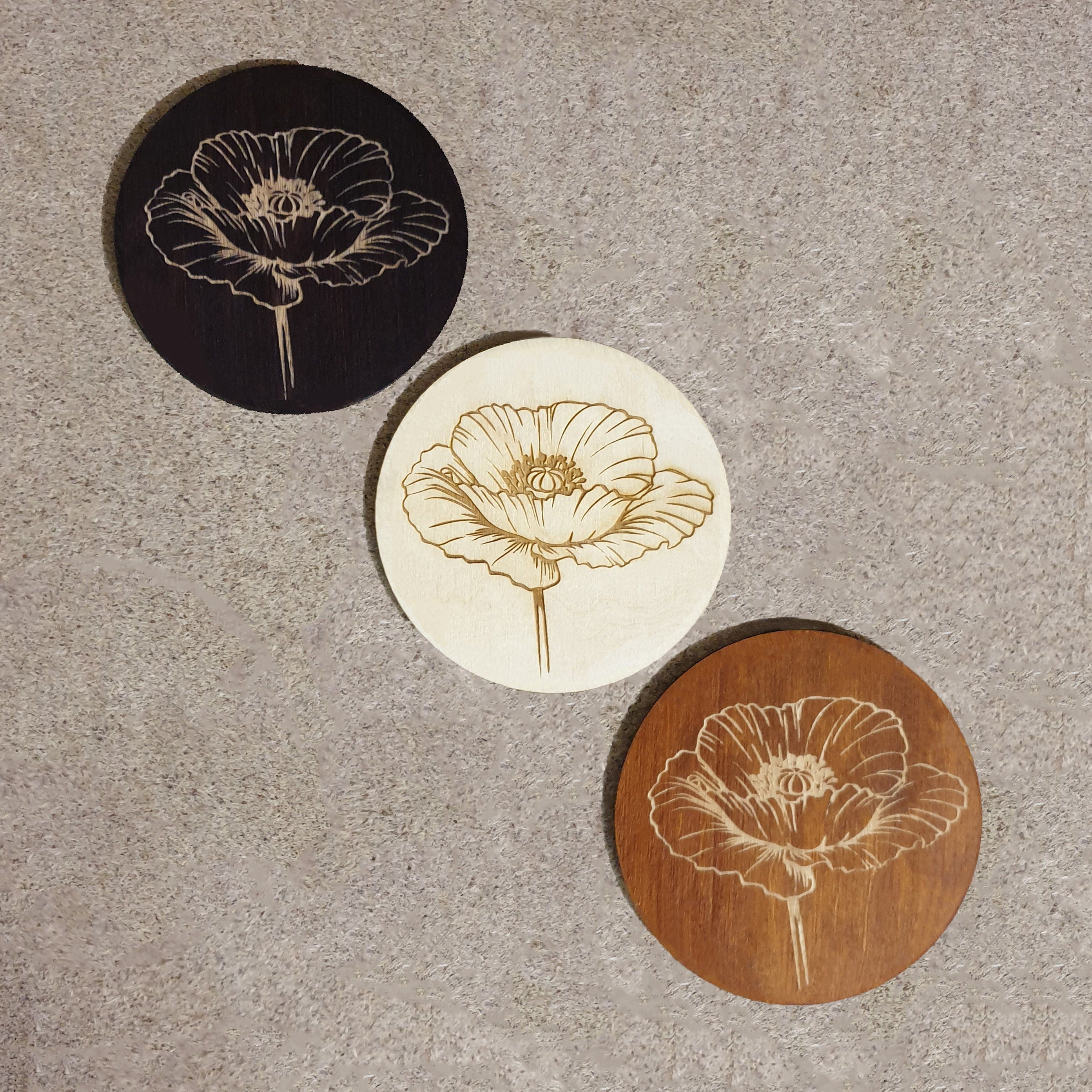 Engraved Floral Wooden Coaster Set: Elegant Home Decor - Set of 6