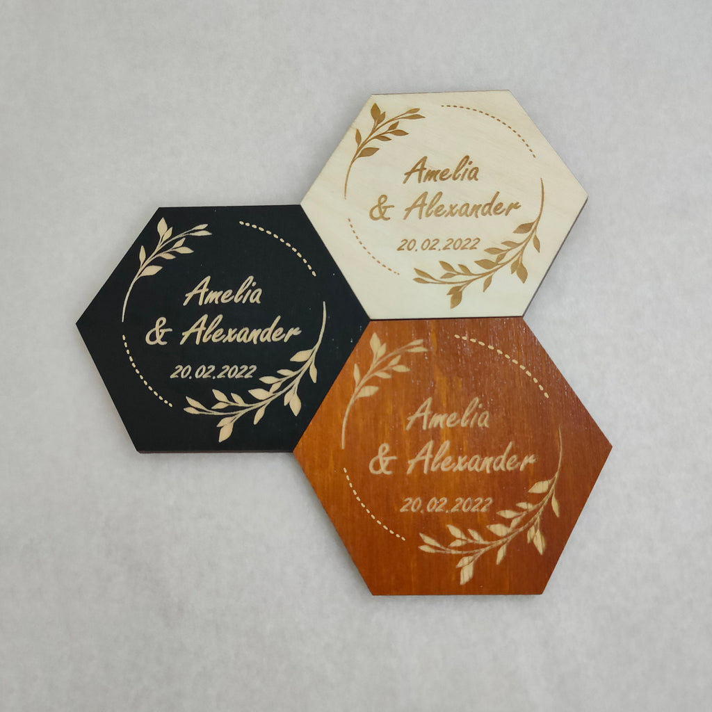 Custom Wedding Coasters: Engraved Wood, Save the Date Favors