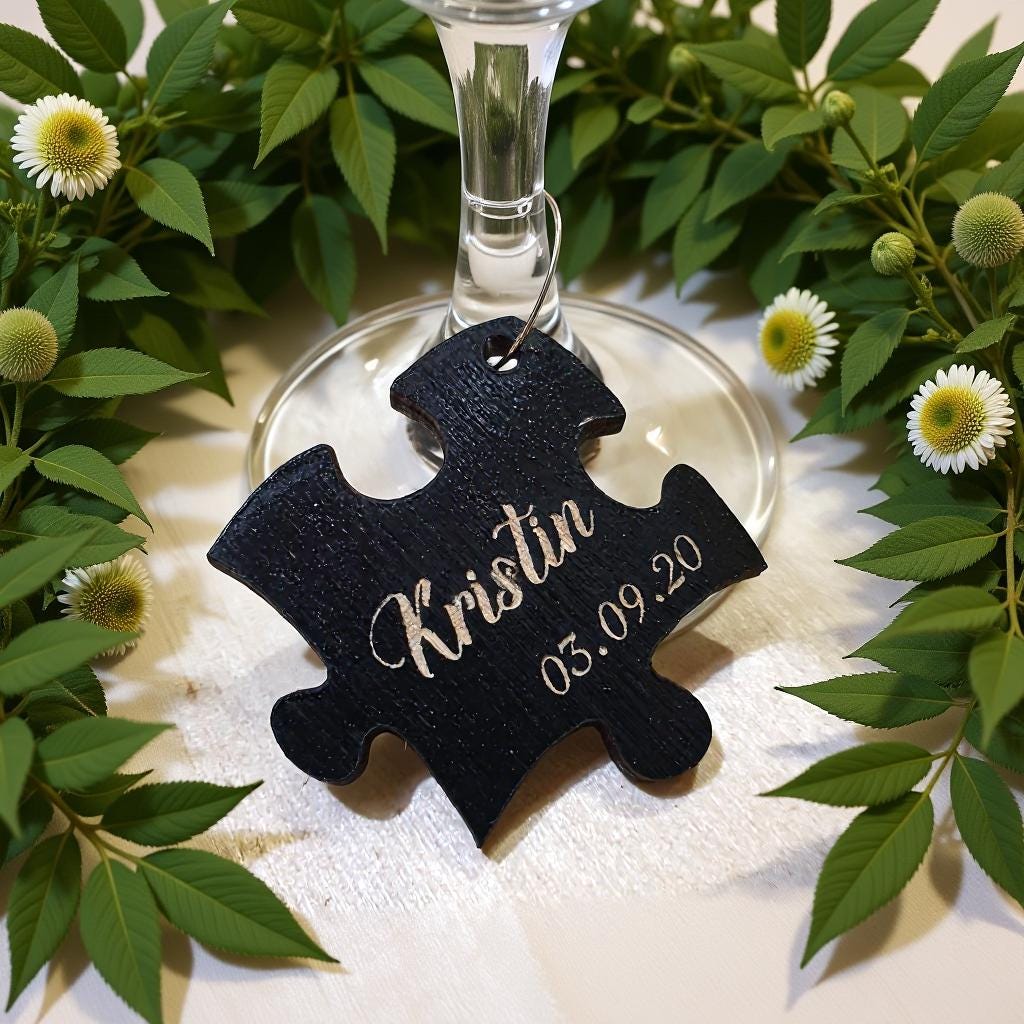 Personalized Puzzle Wine Charms: Engraved Plywood Wine Glass Tags