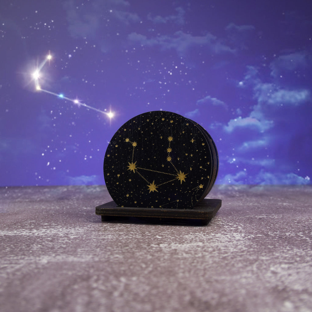 Zodiac Coasters: Engraved Celestial Wood Coaster Set