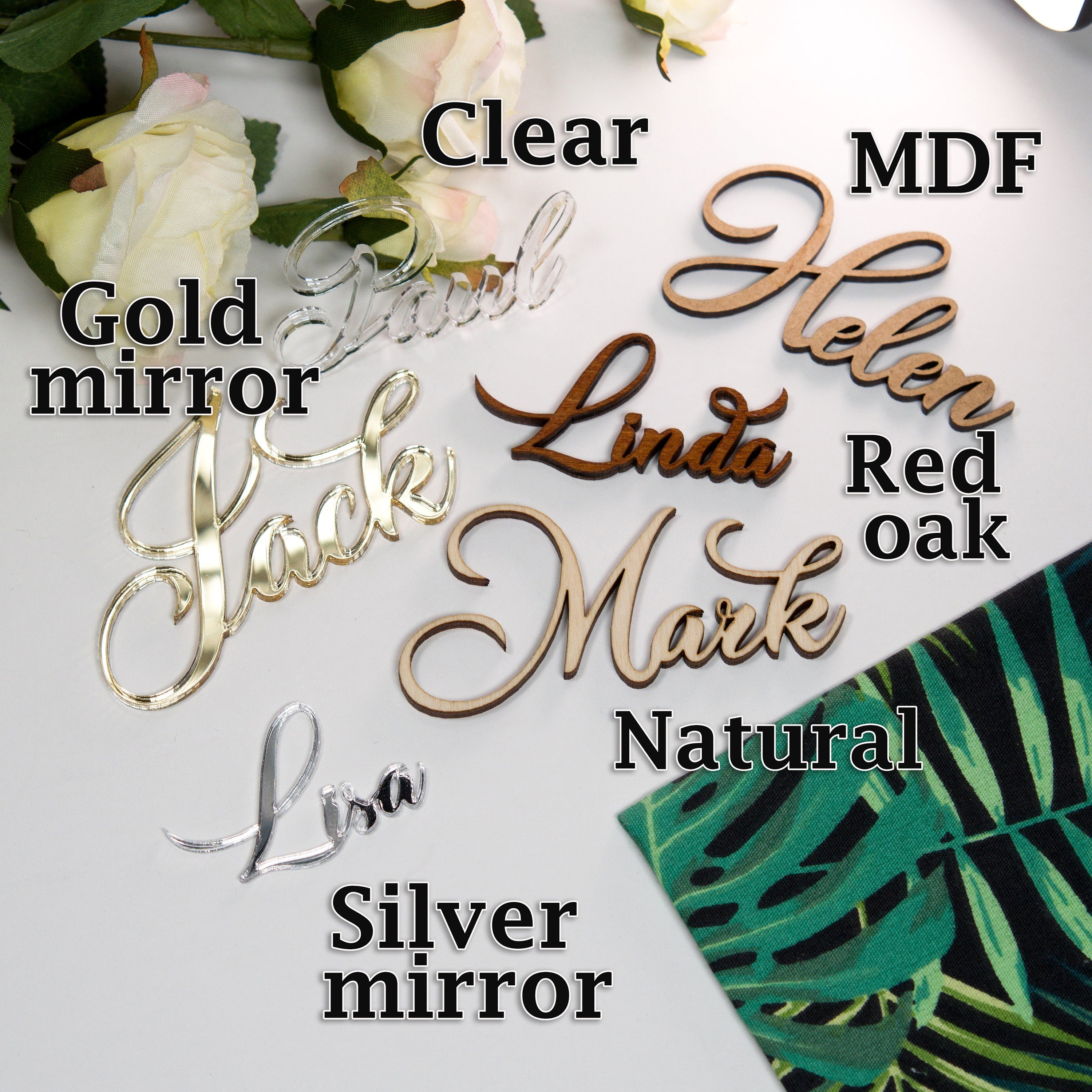 Laser Cut Wedding Place Cards: Acrylic, Wood Name Place Setting