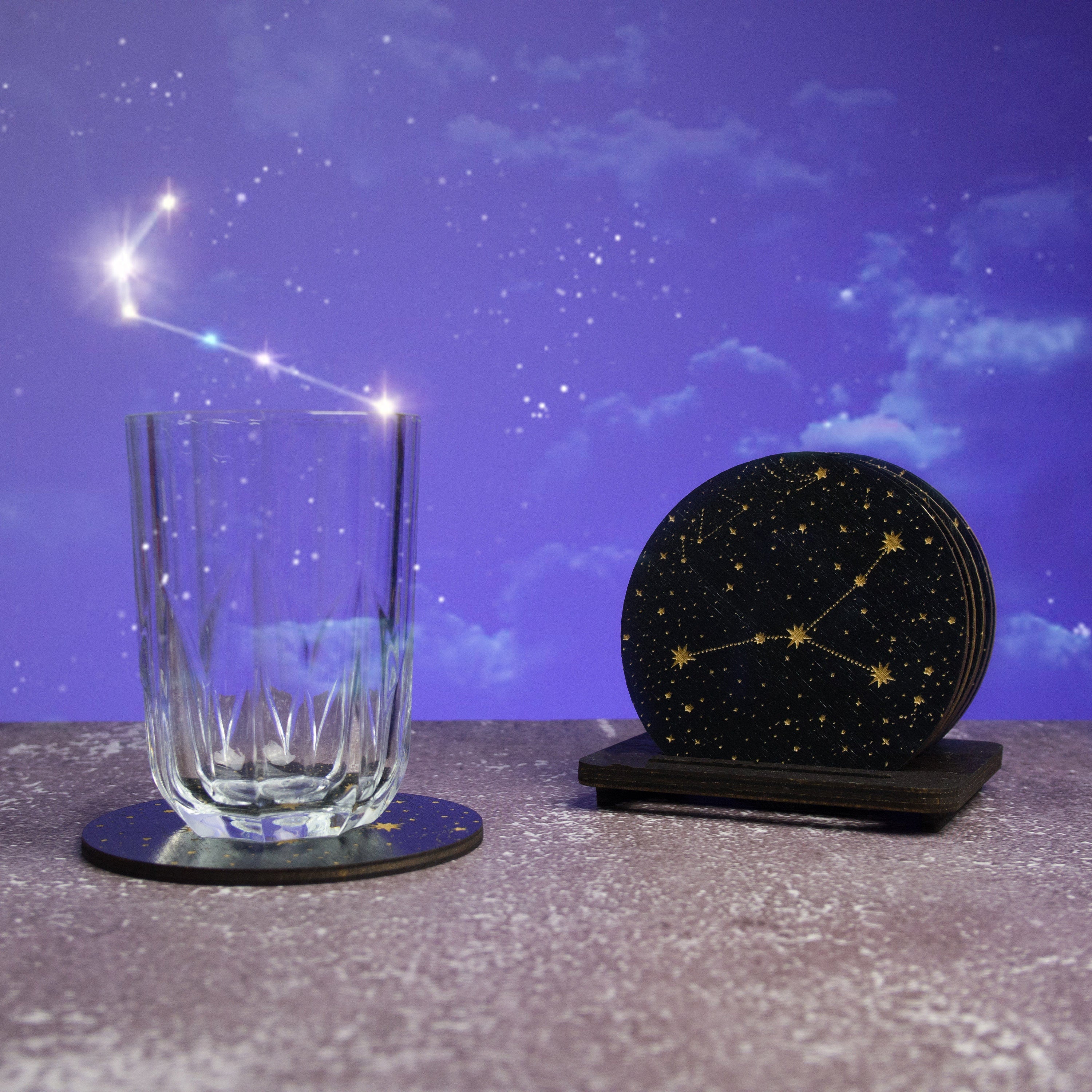 Zodiac Coasters: Engraved Celestial Wood Coaster Set