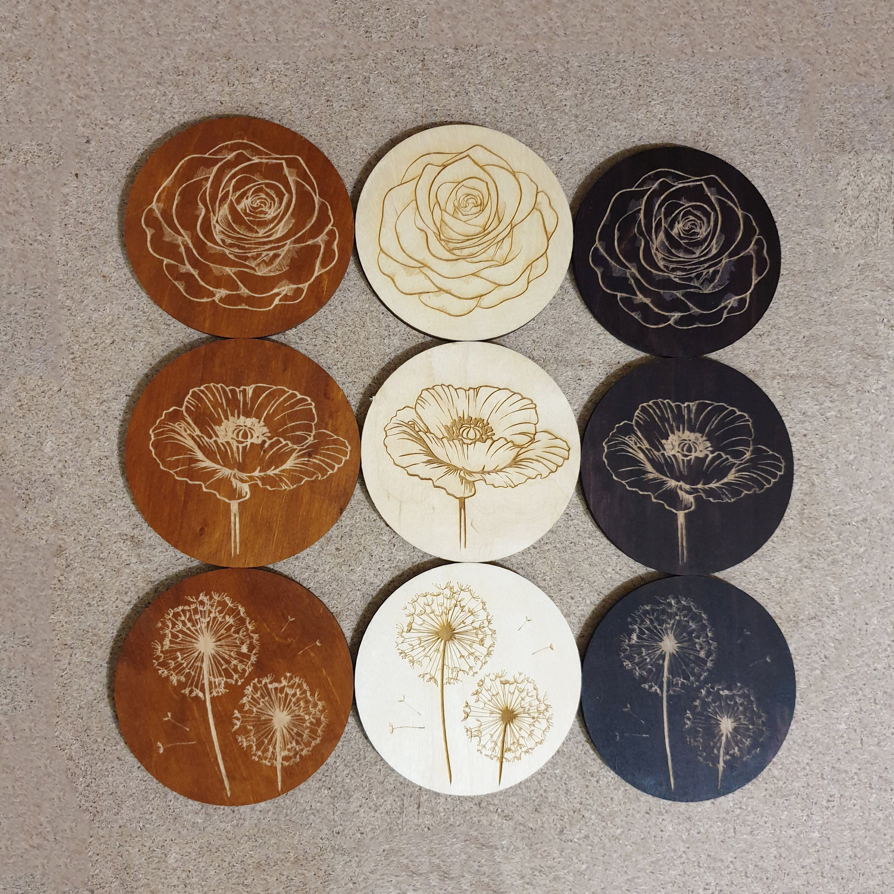 Engraved Floral Wooden Coaster Set: Elegant Home Decor - Set of 6