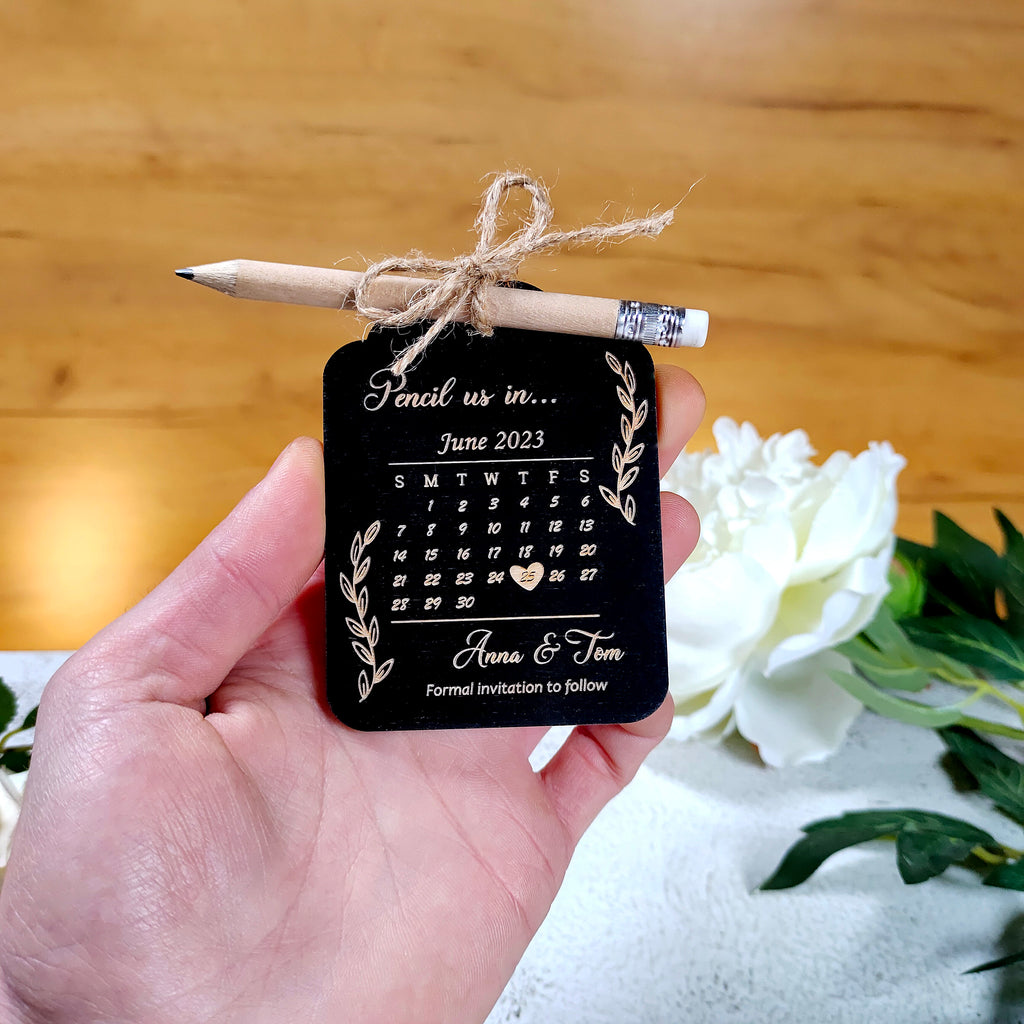 Pencil Us In Save The Date: Wood Wedding Invitation with Mini Pencil
