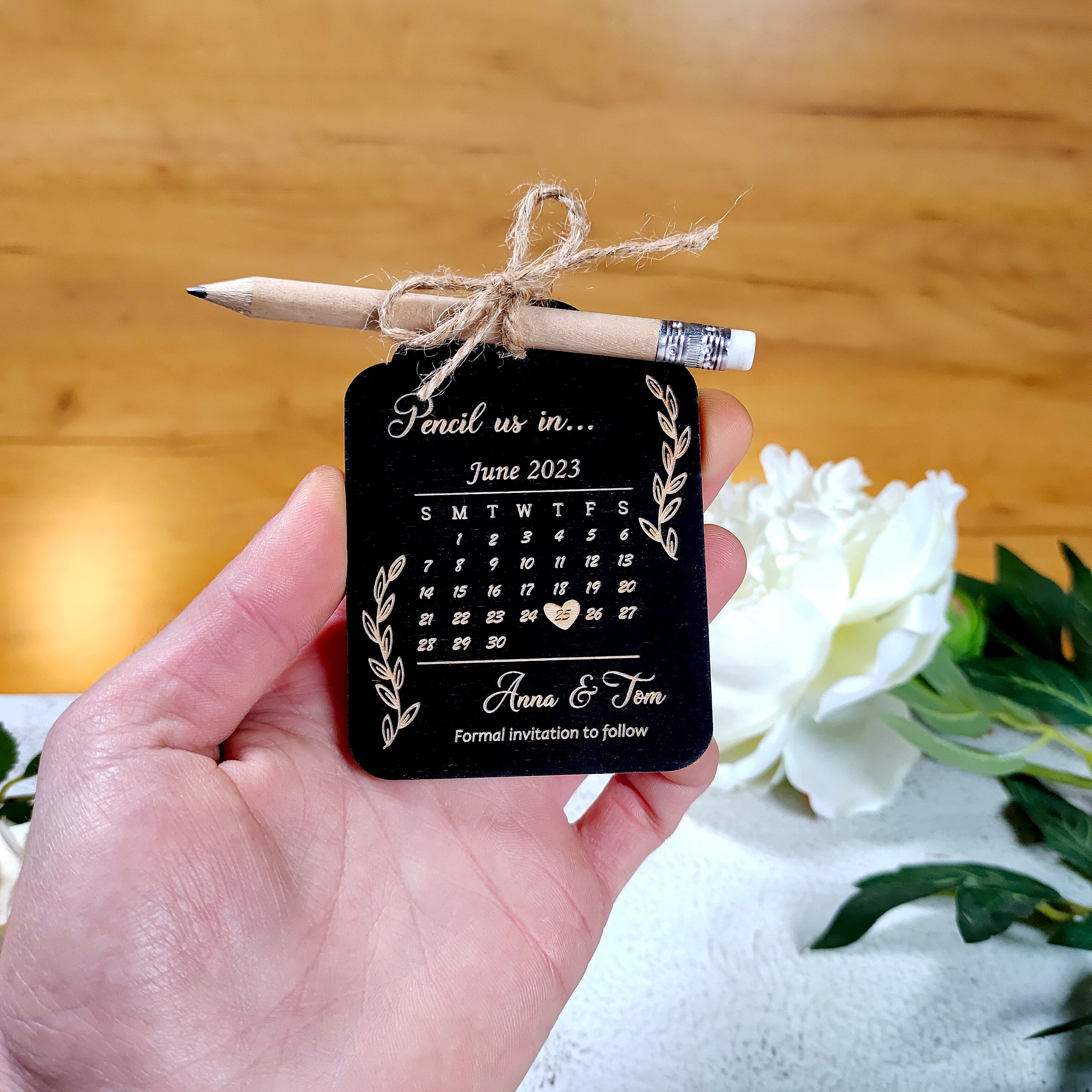 Pencil Us In Save The Date: Wood Wedding Invitation with Mini Pencil