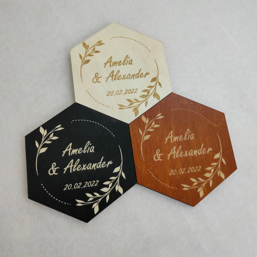 Custom Wedding Coasters: Engraved Wood, Save the Date Favors