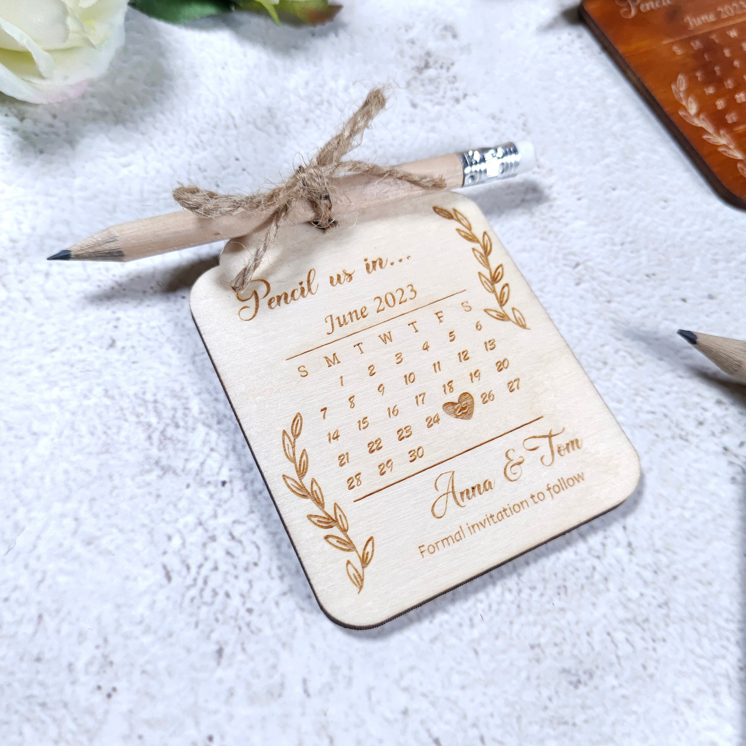 Pencil Us In Save The Date: Wood Wedding Invitation with Mini Pencil