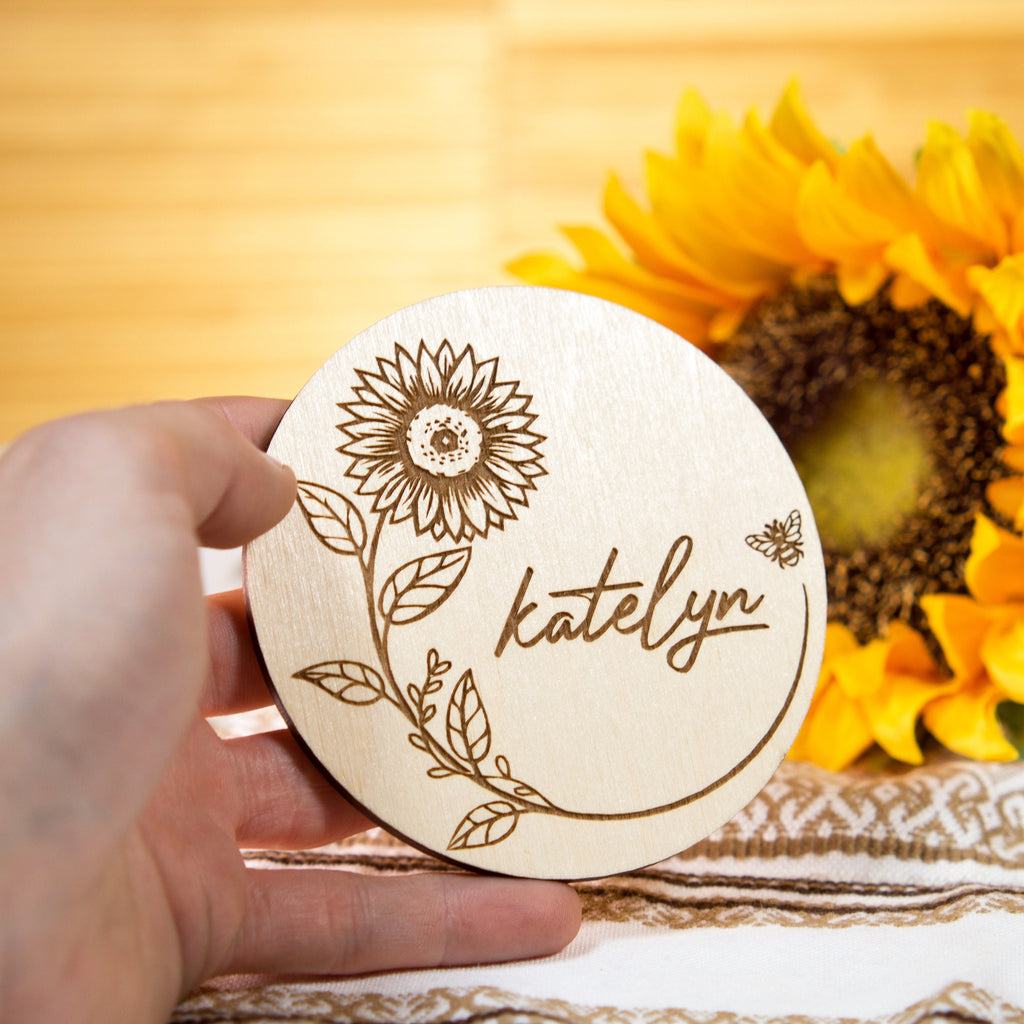 Sunflower Wedding Place Card Coasters: Rustic Wood Favors