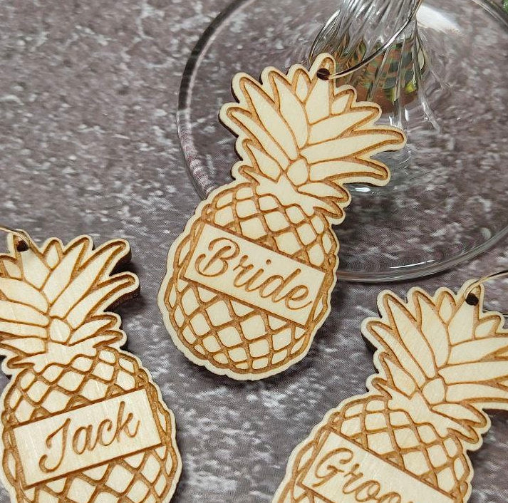 Personalized Pineapple Wine Charms: Engraved Hawaiian Wedding Favors