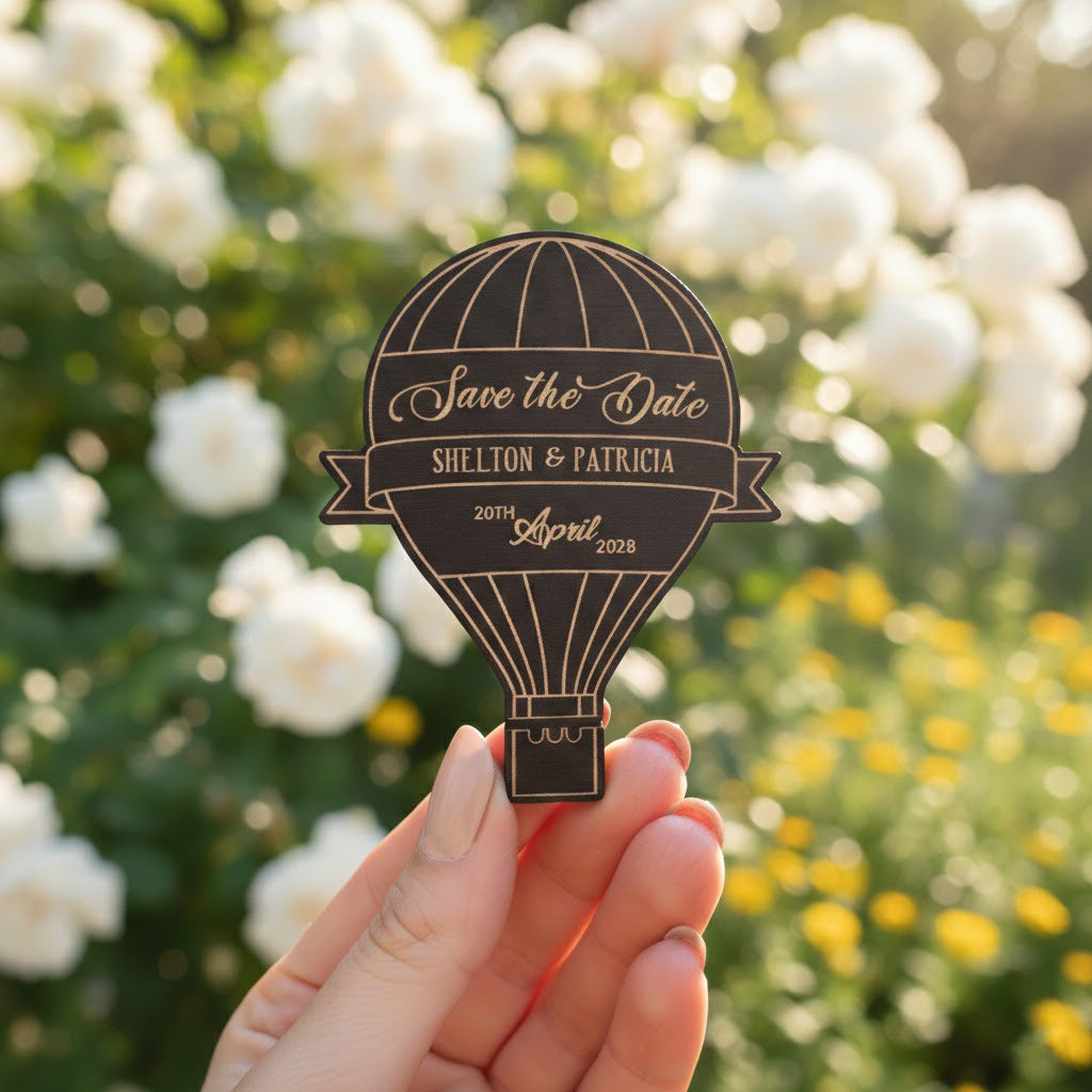 Hot Air Balloon Save the Date Magnet, Wooden Wedding Magnets, Travel Theme Wedding Favors, Personalized Rustic Save the Dates, Adventure