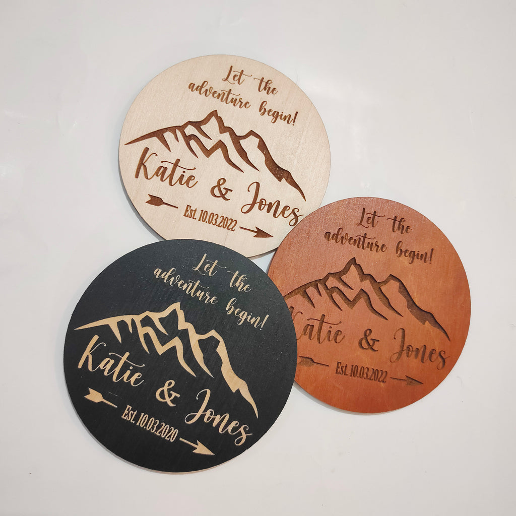 Mountain Wedding Favors: Personalized Wooden Coasters, Let Adventure Begin (95MM)